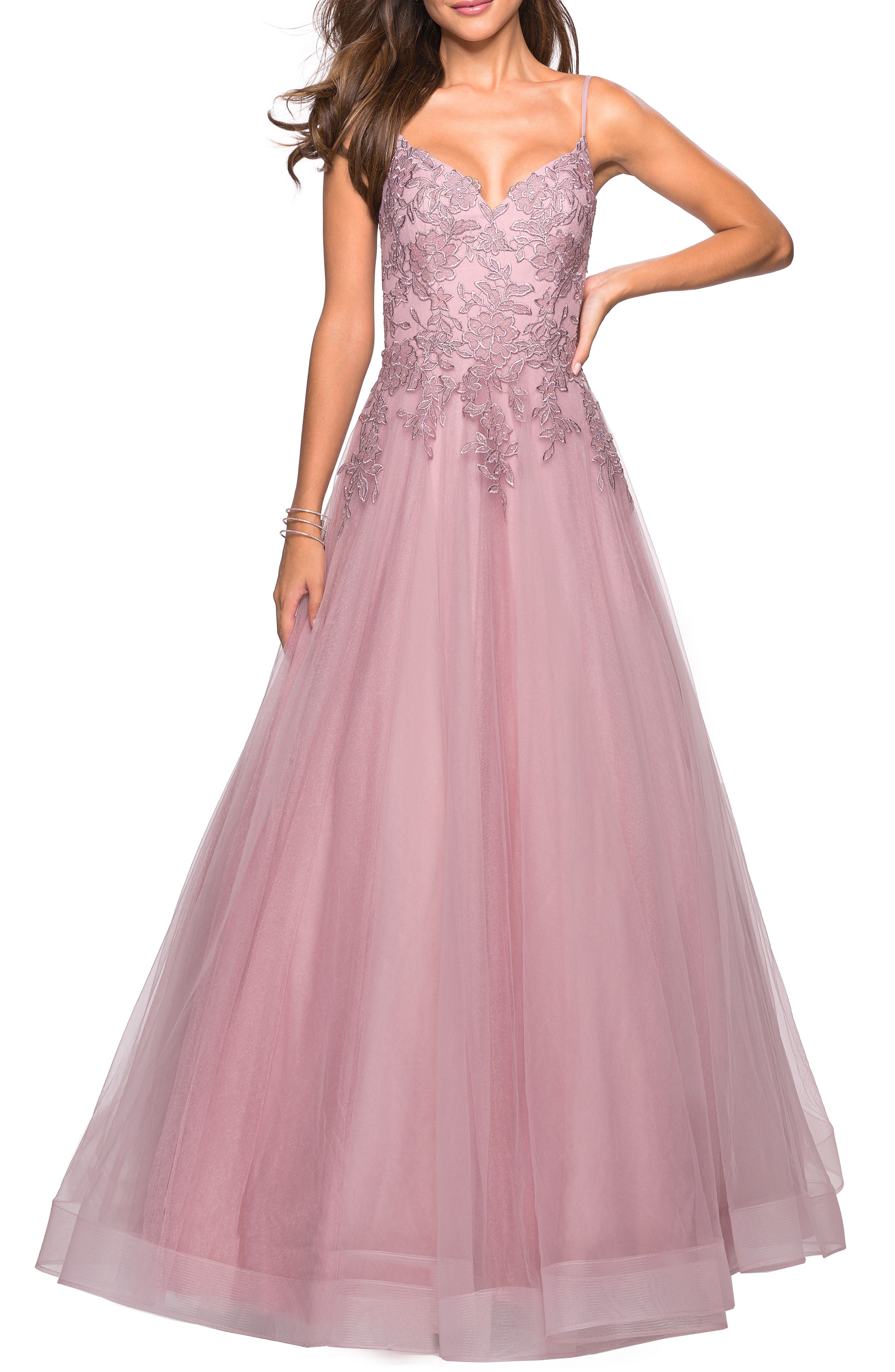 La Femme Lace & Tulle Flared Skirt Evening Dress, Purple