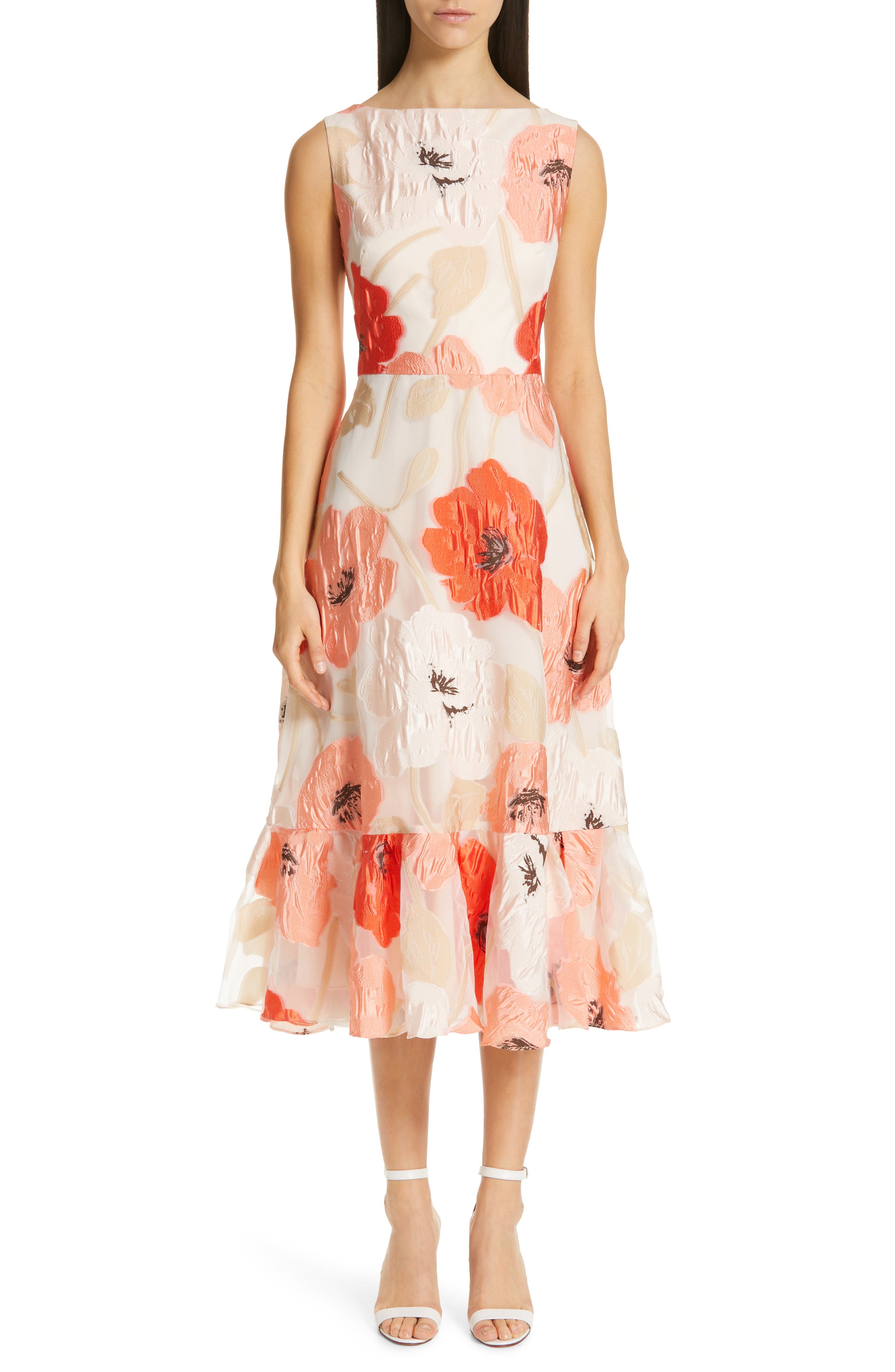 Lela Rose Oversize Floral Fil Coupe Midi Dress, Coral