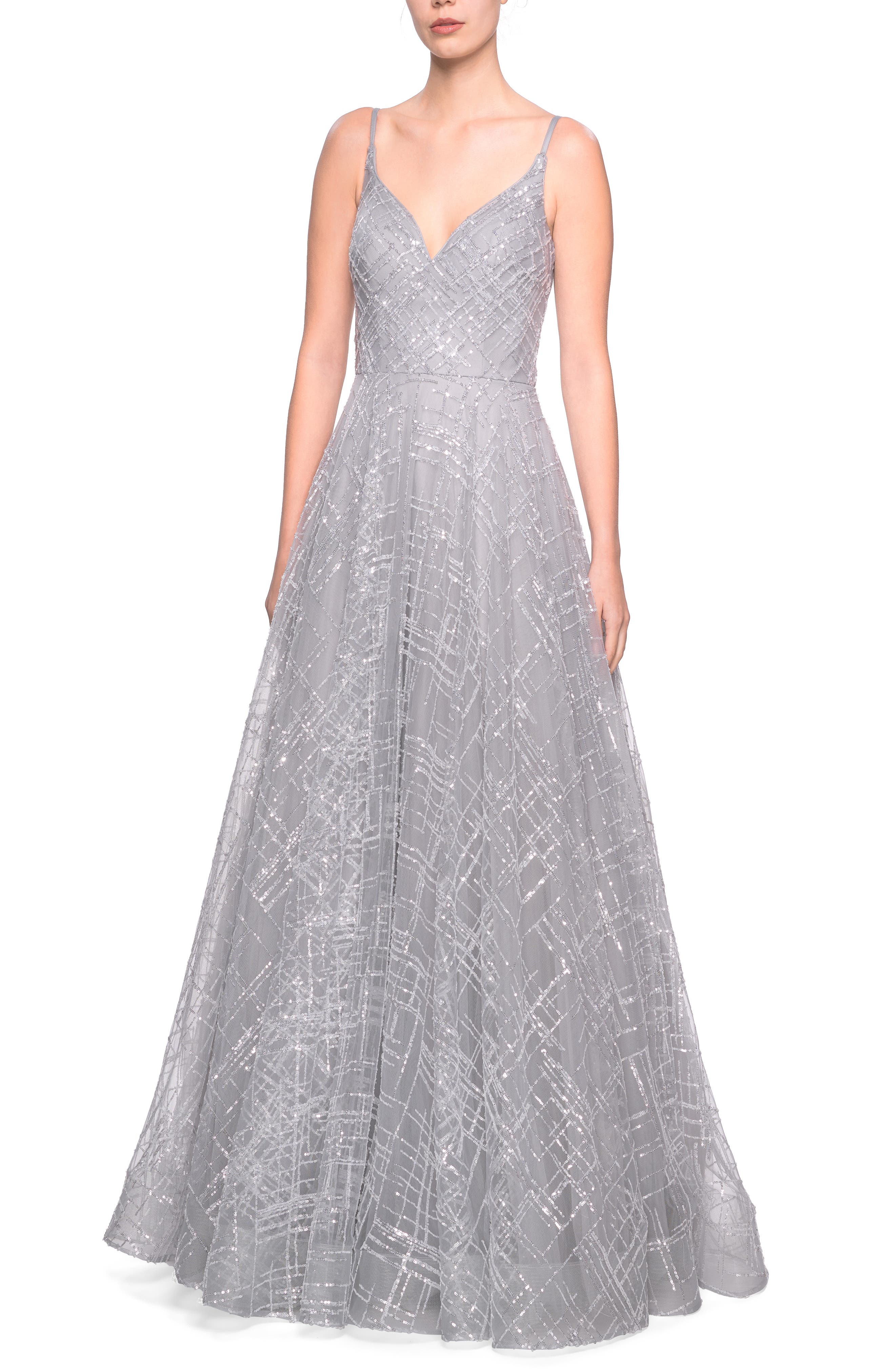 La Femme Sequin Evening Dress, Grey
