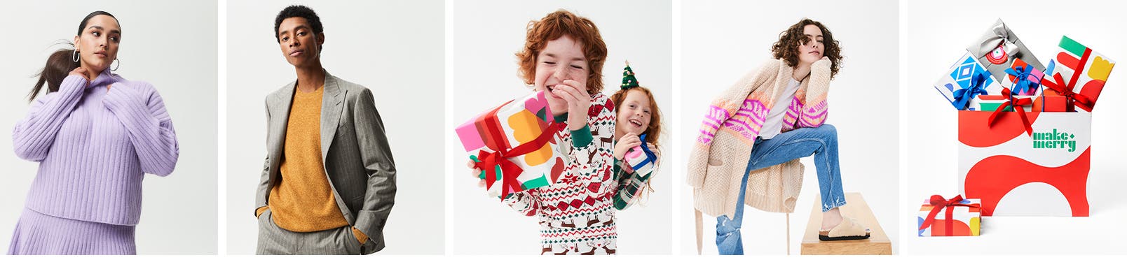 A woman wearing a knit set, a man in a sweater and suit, two children holding wrapped holiday gifts, a young woman in a knit cardigan and jeans, and a holiday gift bag filled with wrapped presents.
