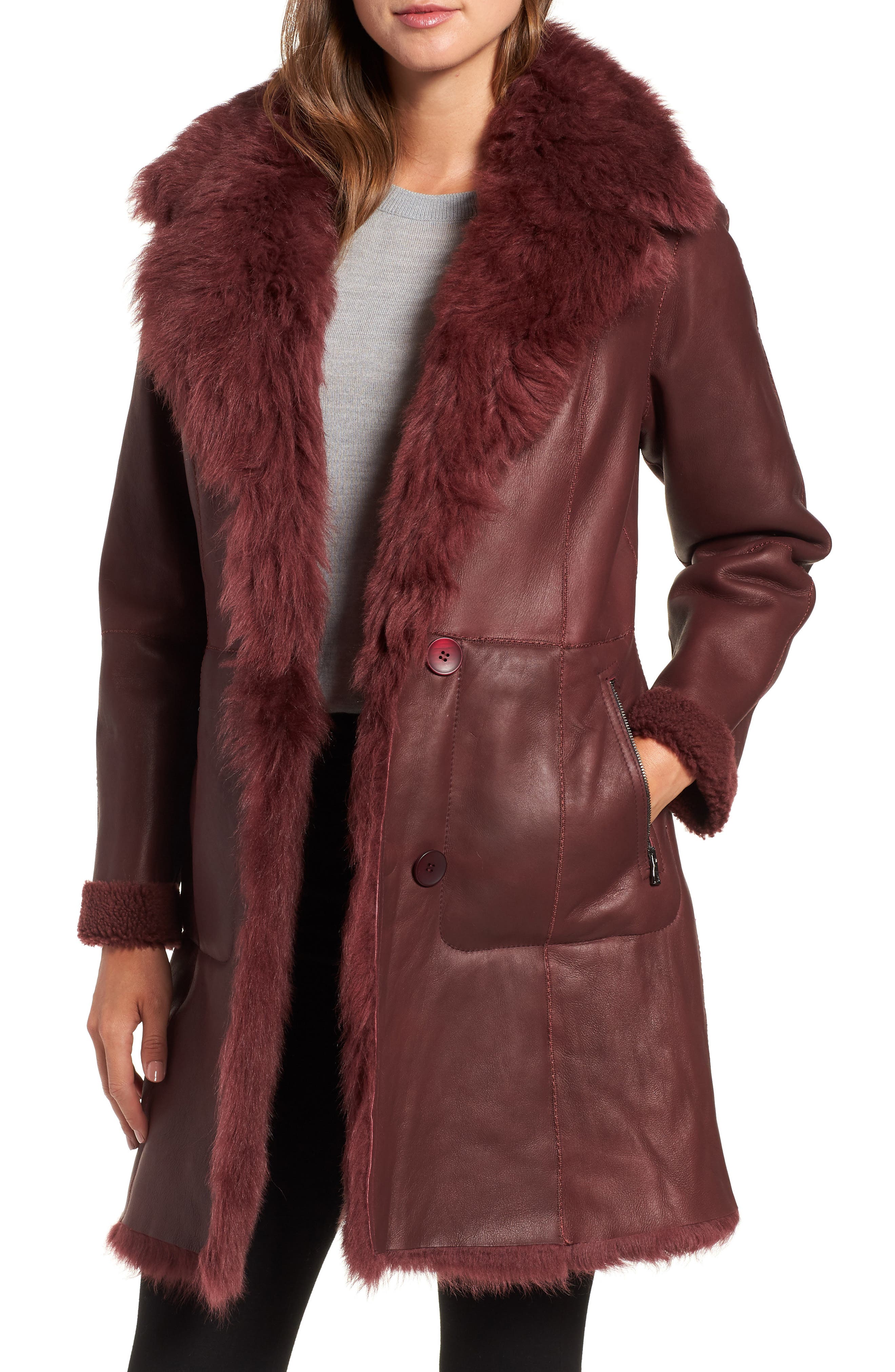 Hiso Reversible Genuine Shearling Coat, Burgundy