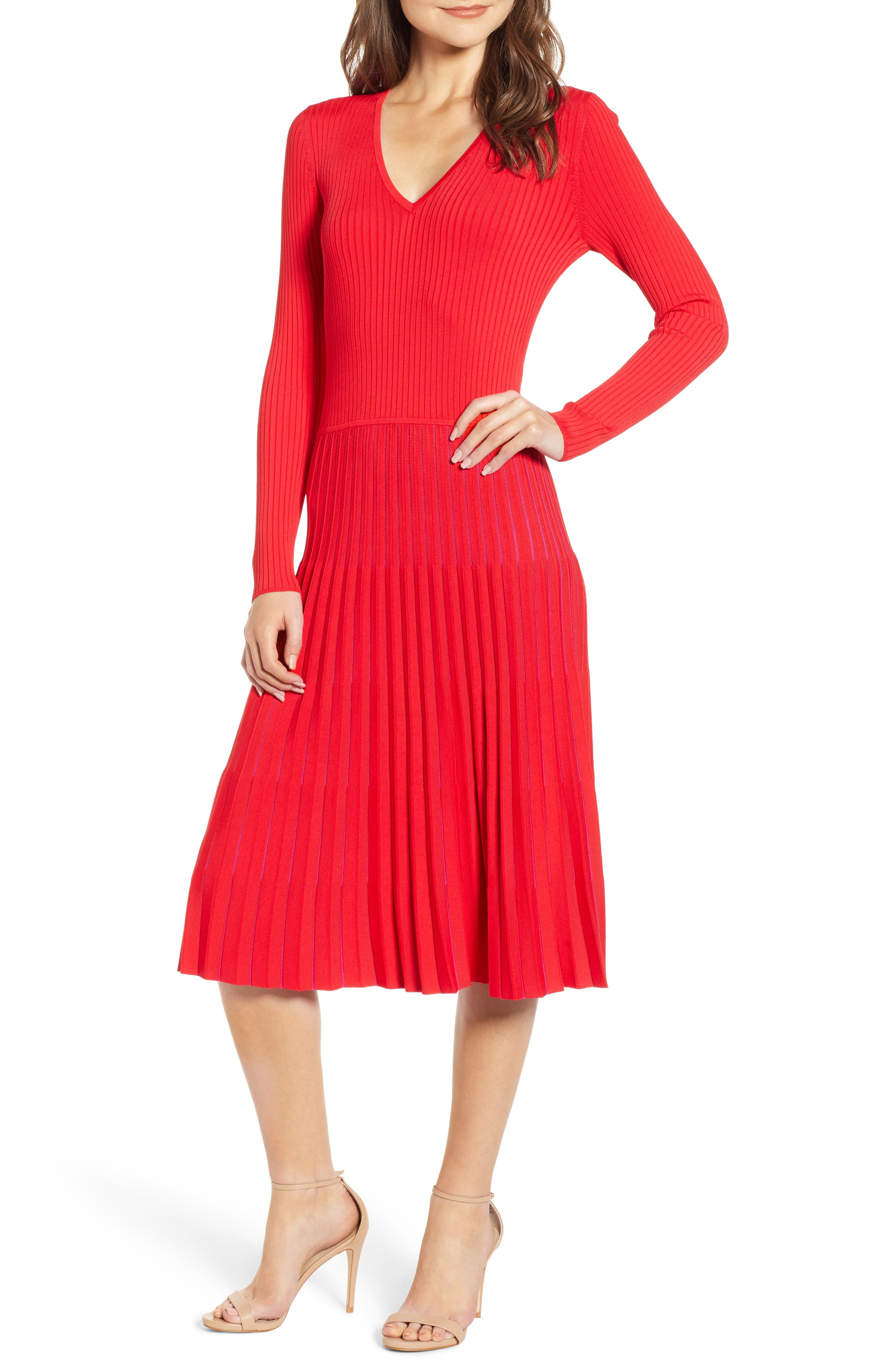 Chelsea28 Accordion Sweater Dress, Red