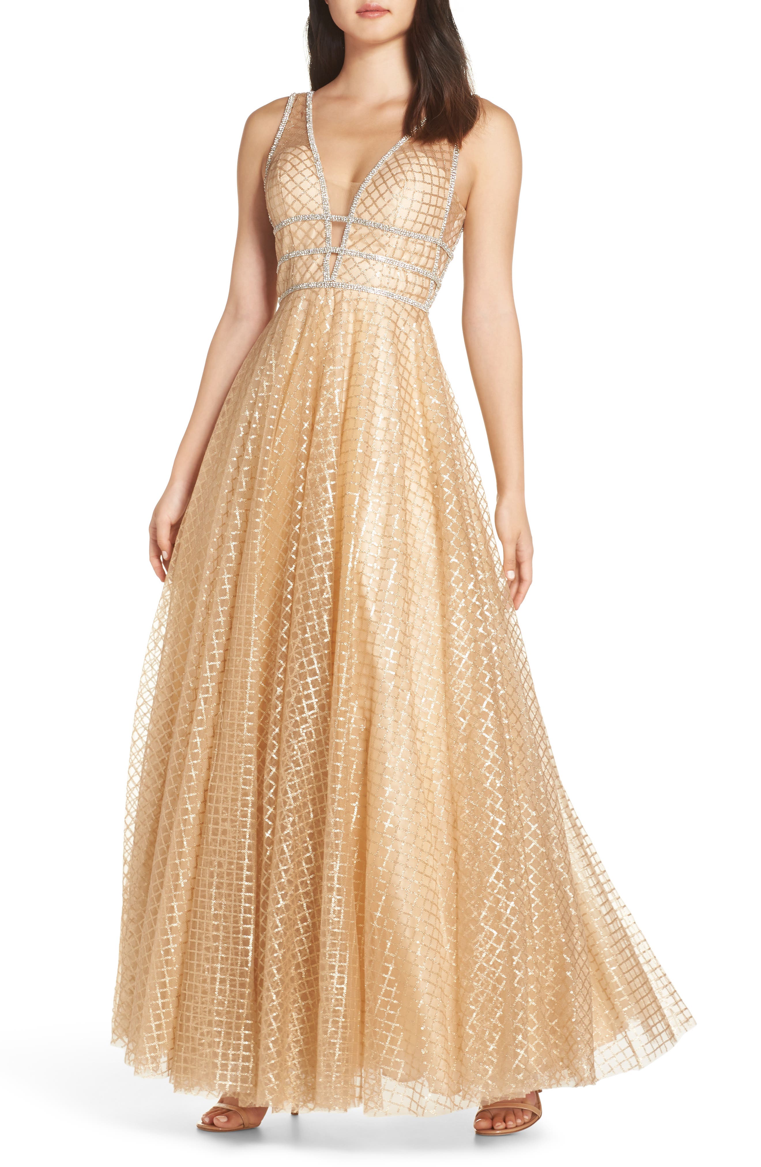 MAC Duggal Sequin Illusion Neck Gown, Yellow