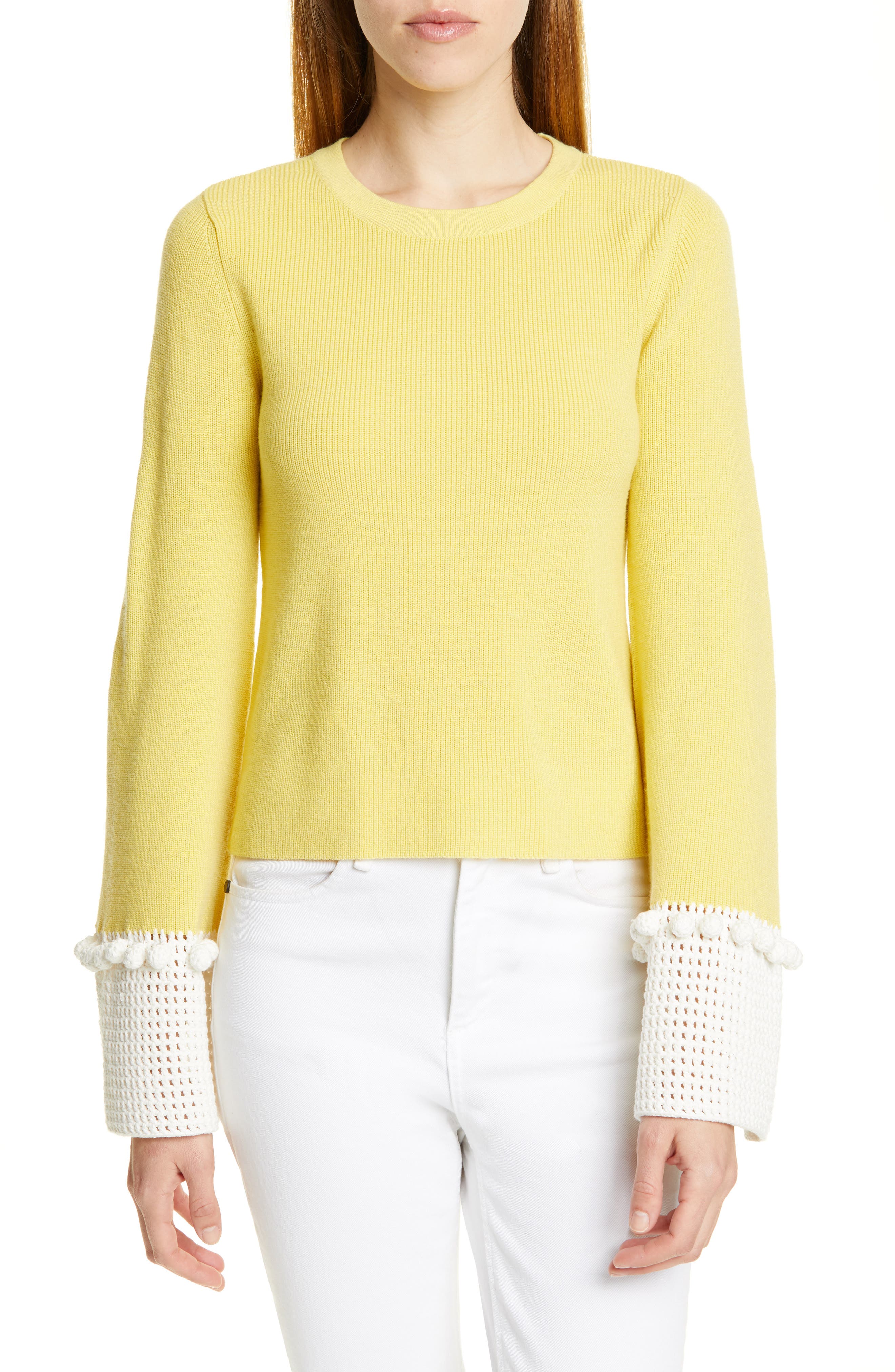 Staud Leo Crochet Cuff Merino Wool Blend Sweater, Yellow