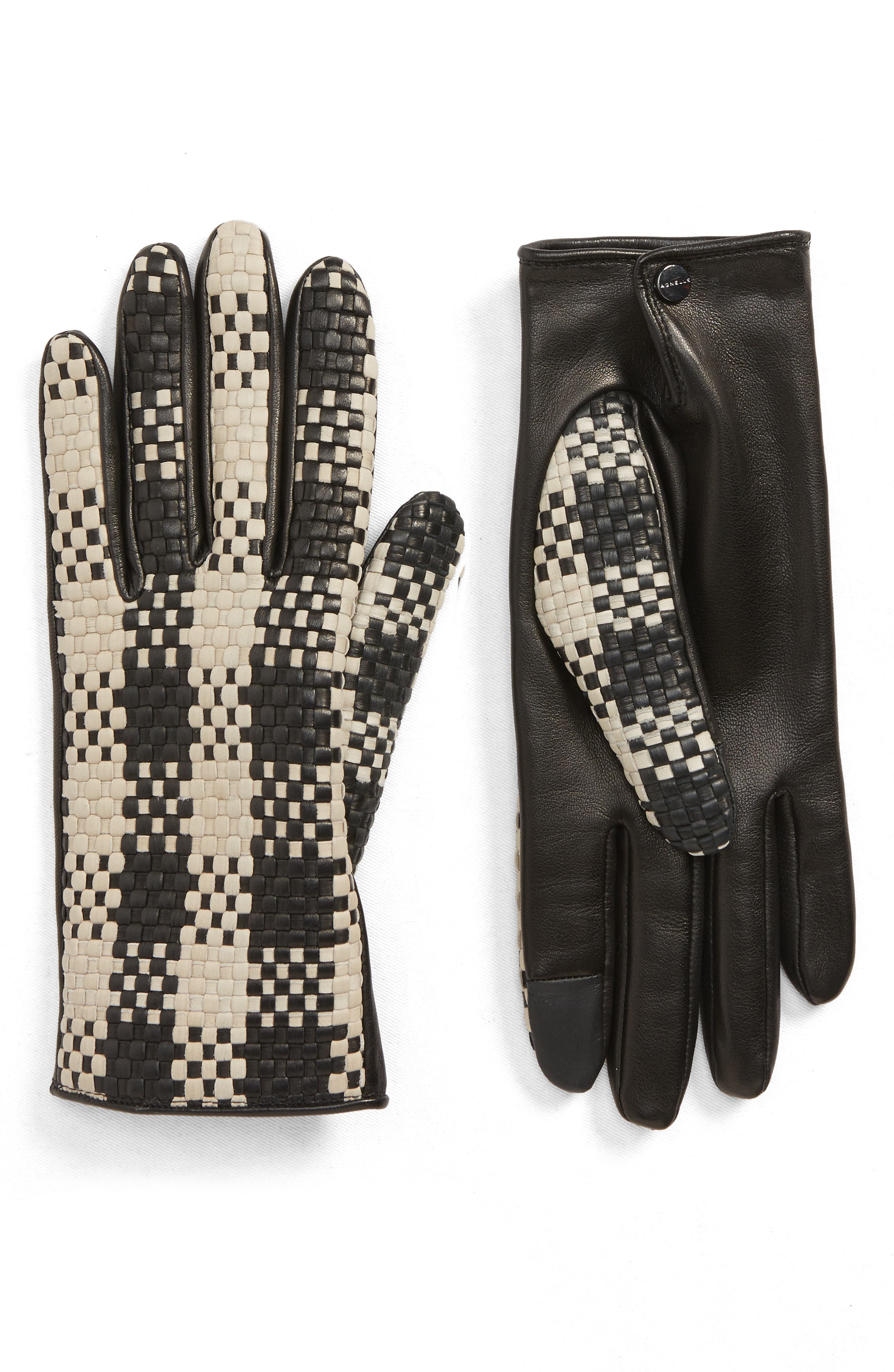 Agnelle Woven Lambskin Leather Gloves - Black