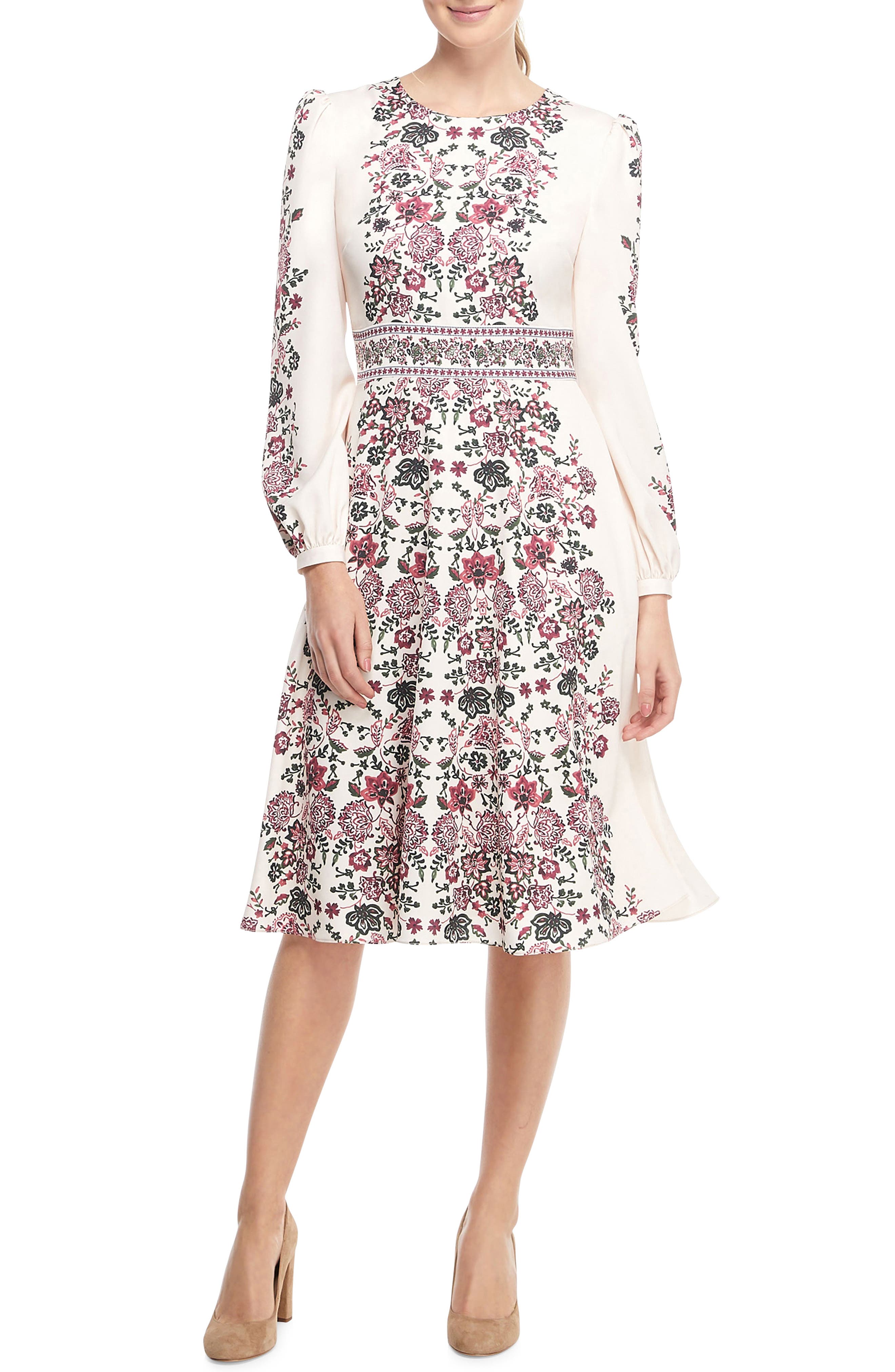 Gal Meets Glam Collection Chloe Floral Border Print A-Line Dress, Ivory