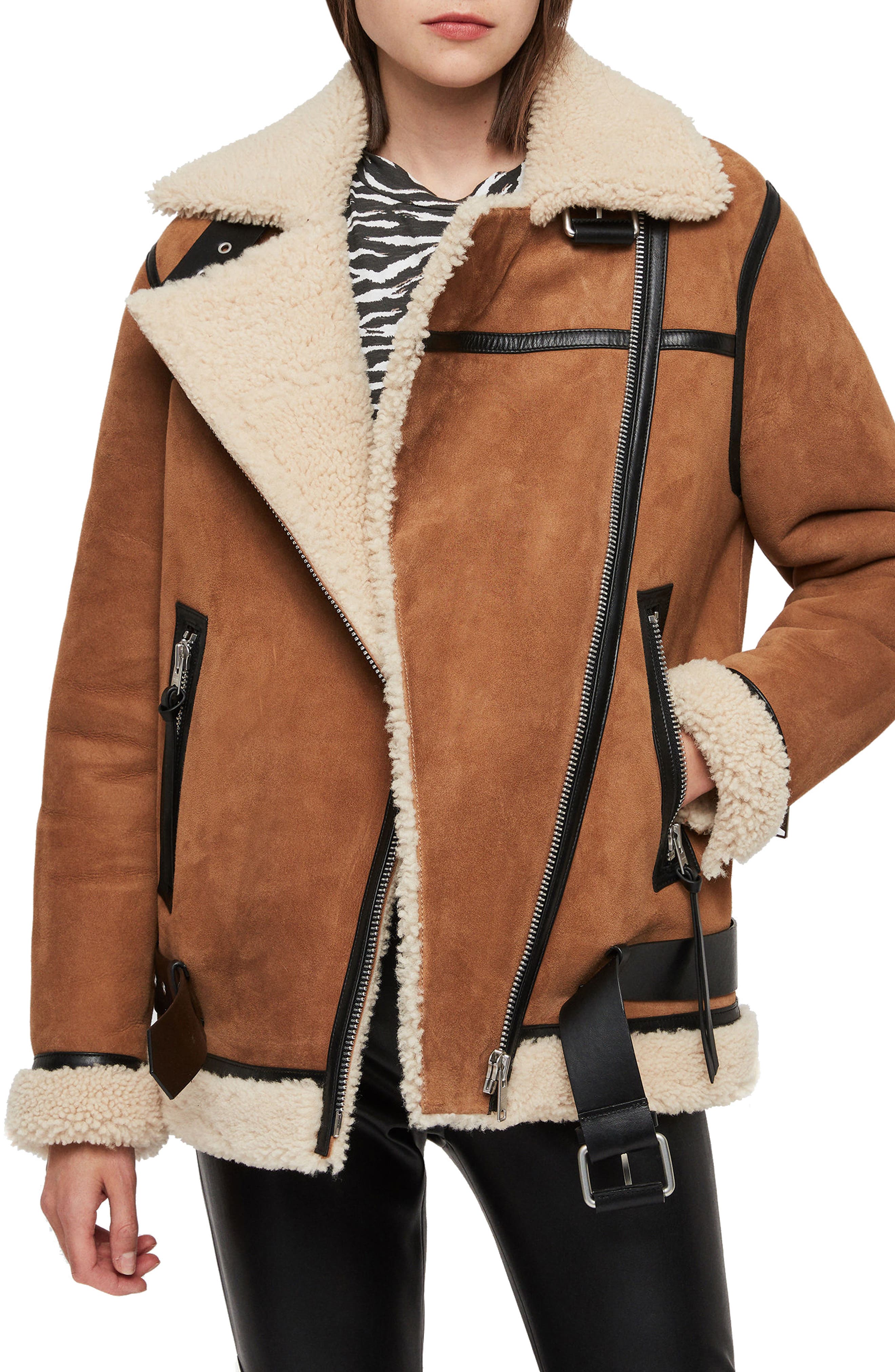 Allsaints Rei Genuine Shearling Coat, Brown