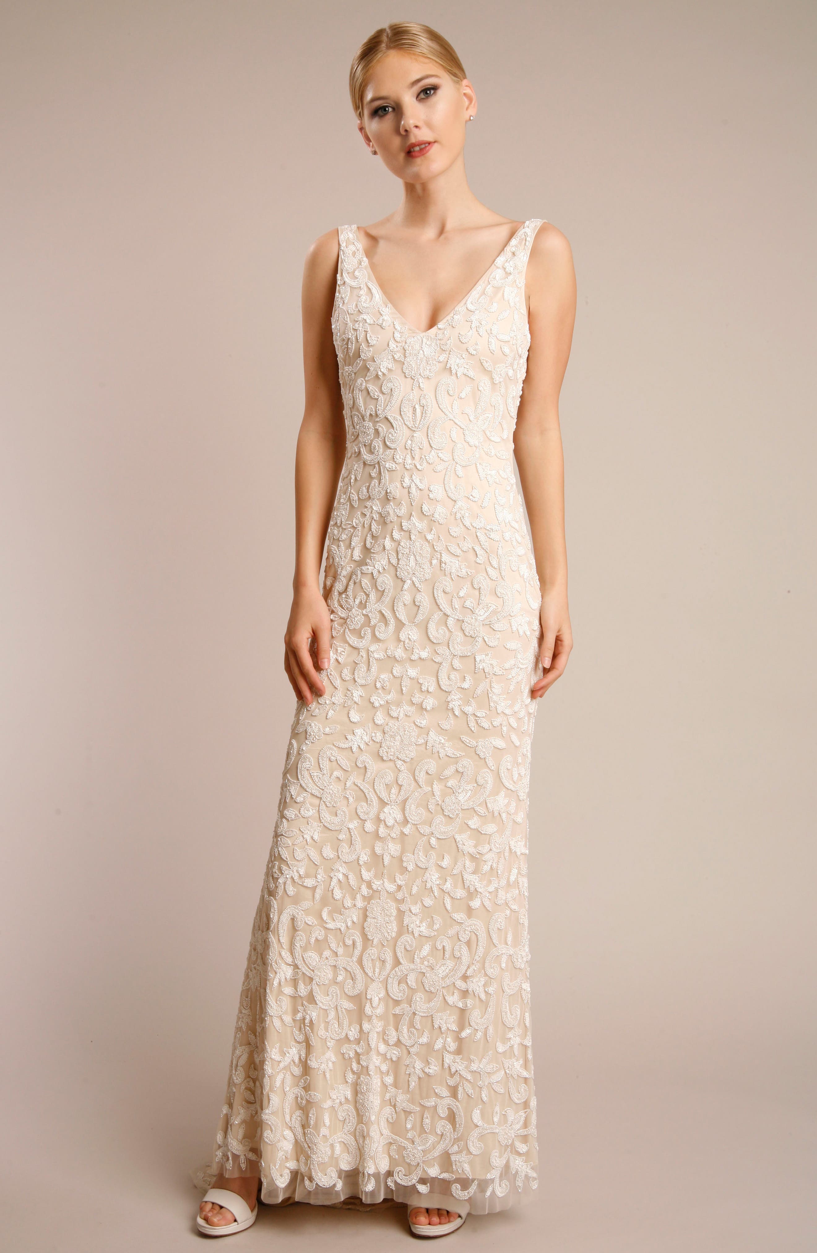 Lotus Threads Beaded Lace Gown, Beige