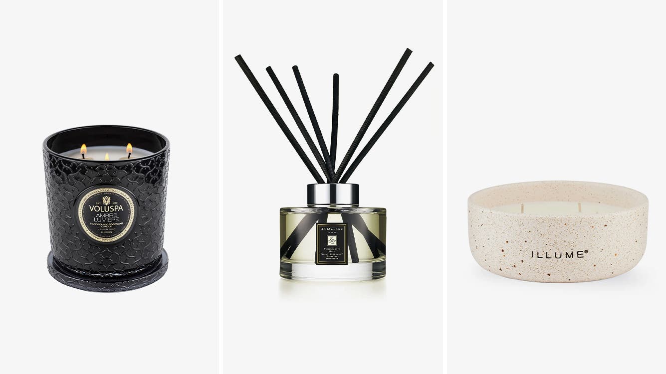 A Voluspa candle; diffusers; an ILLUME candle.