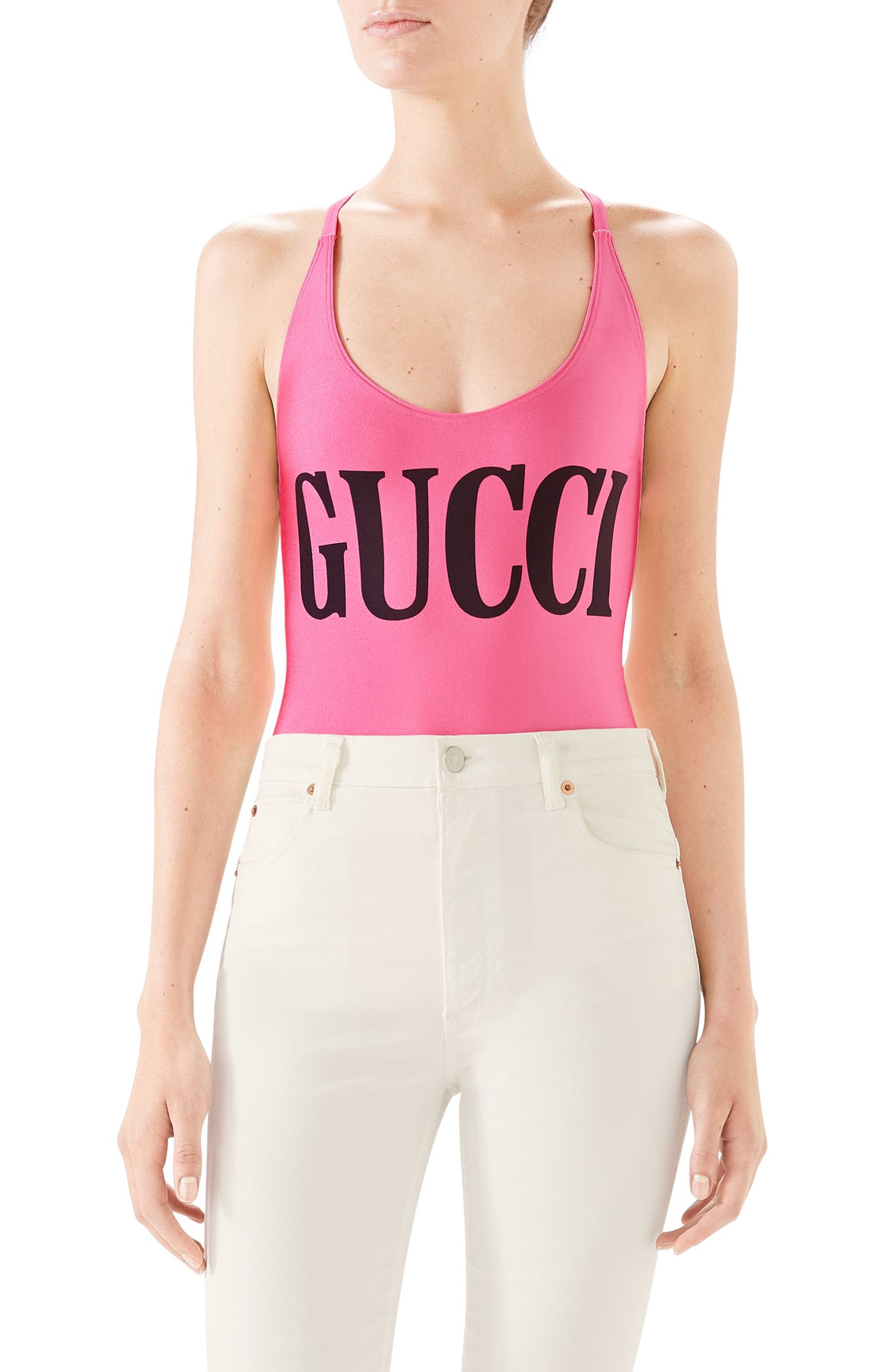 Gucci Shimmer Logo OnePiece Swimsuit, Pink ModeSens