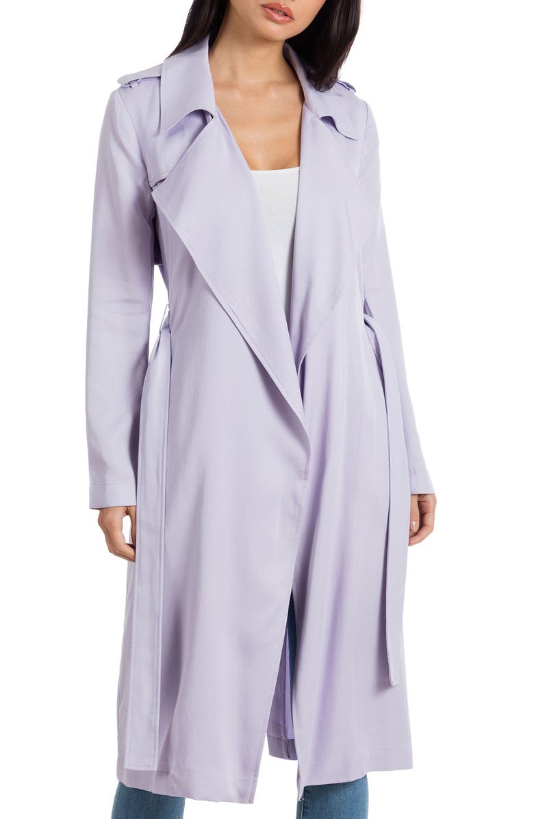 BADGLEY MISCHKA COLLECTION Badgley Mischka Faux Leather Trim Long Trench Coat, Main, color, LAVENDAR