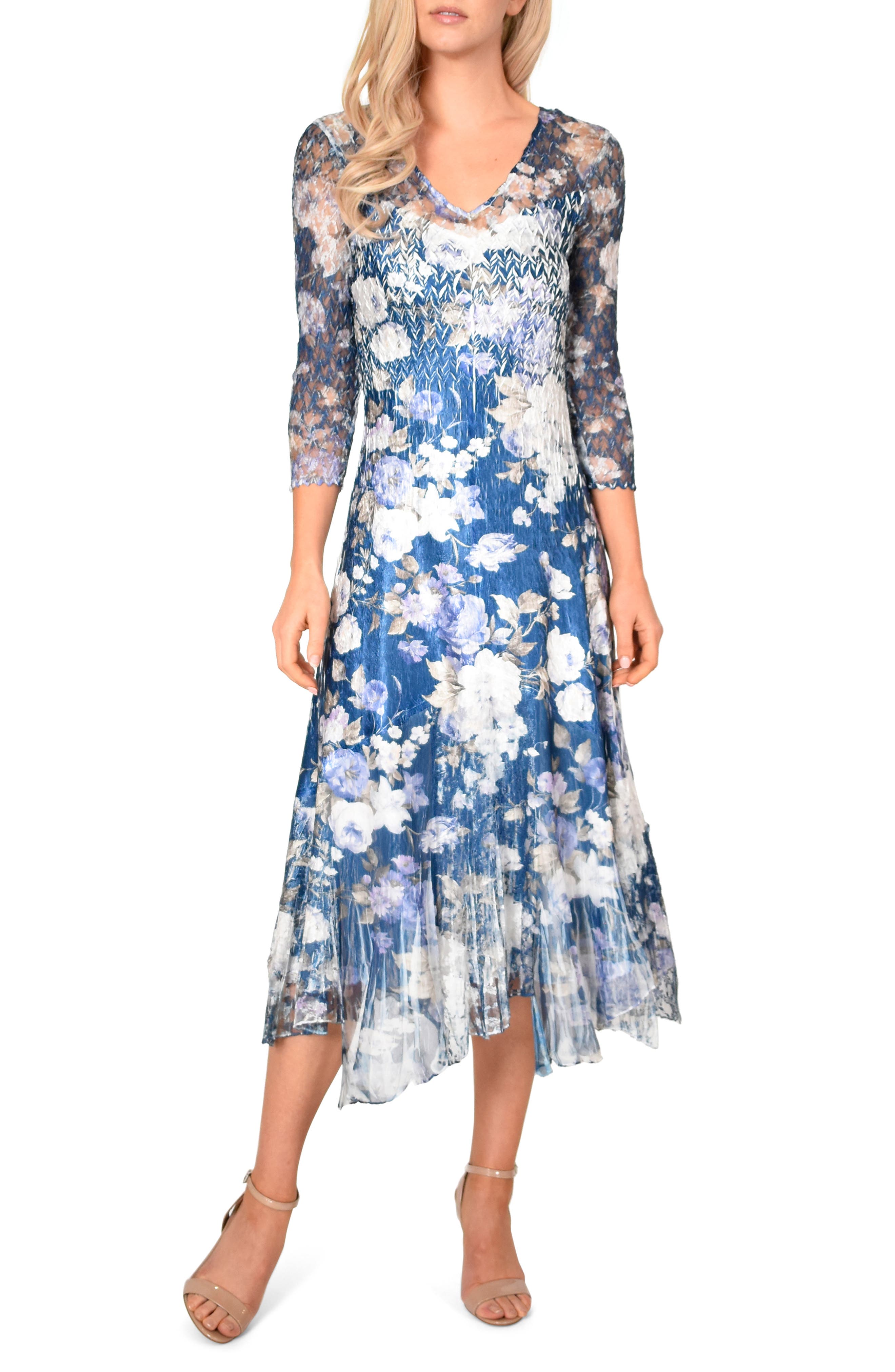Komarov Floral Charmeuse & Chiffon Dress, Blue