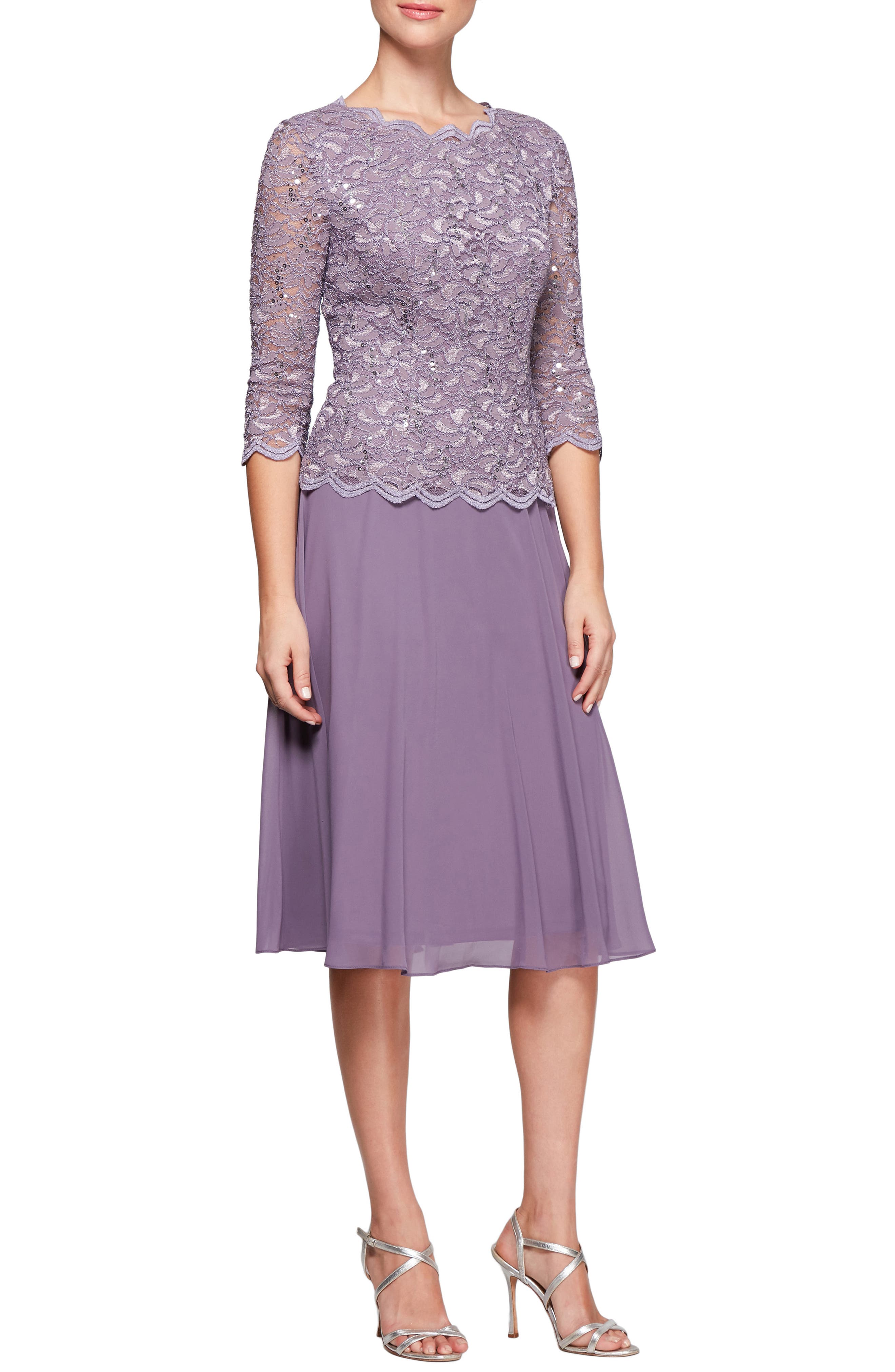 Petite Alex Evenings Mock Two-Piece Tea Length Dress, Purple