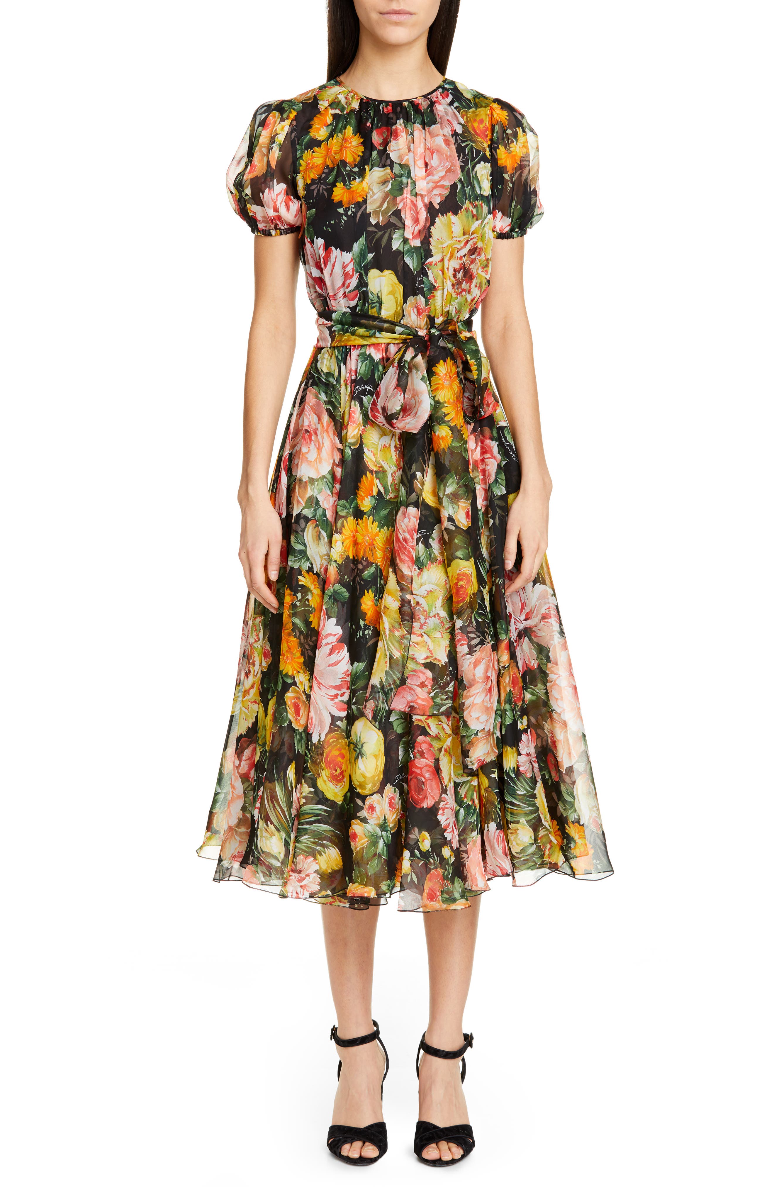 Dolce & gabbana Floral Print Pleated Silk Chiffon Dress
