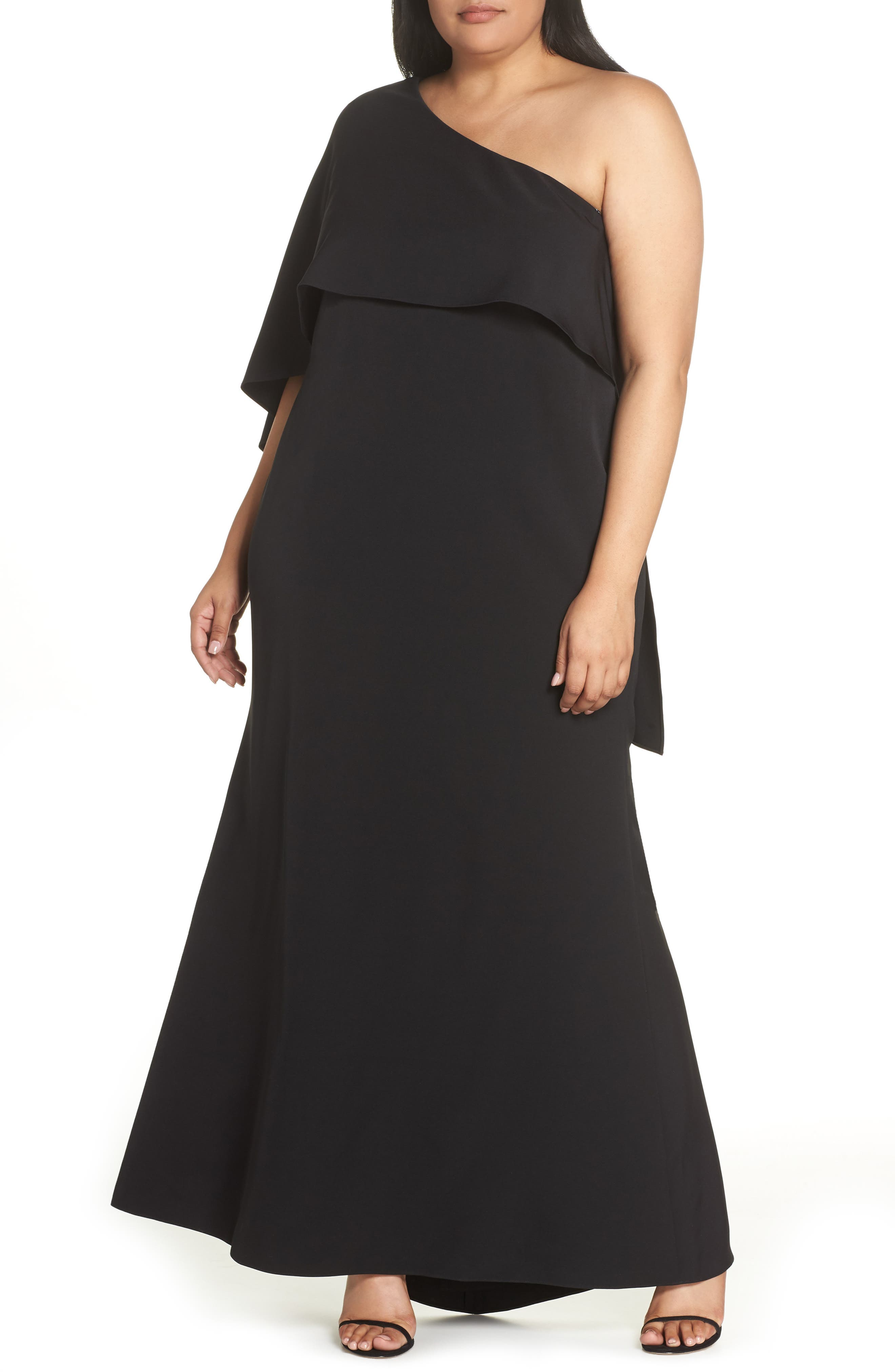 Plus Size Vince Camuto One-Shoulder Cape Gown, Black
