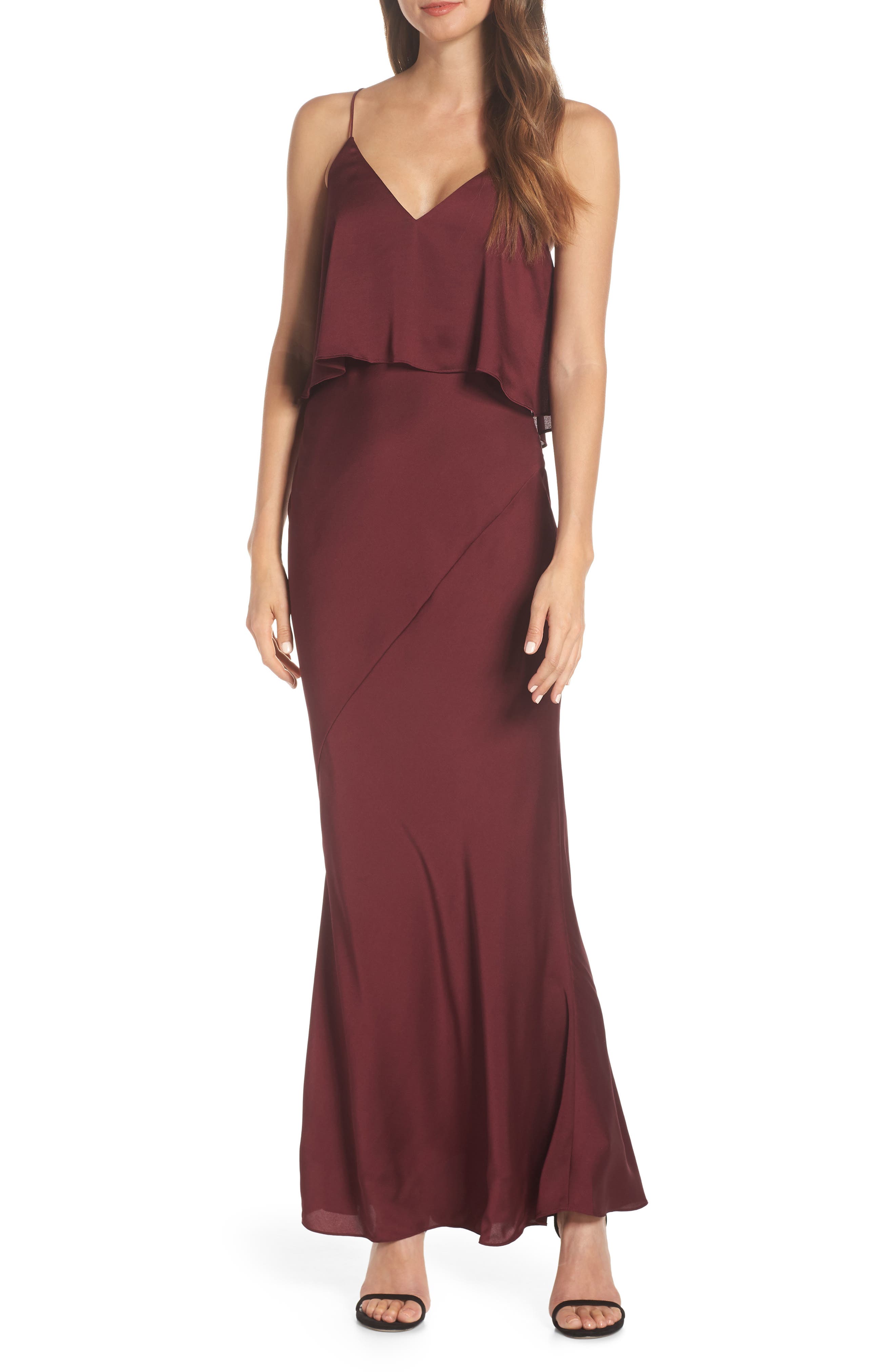 Shona Joy Luxe Frilled Bodice Bias Cut Gown, Red