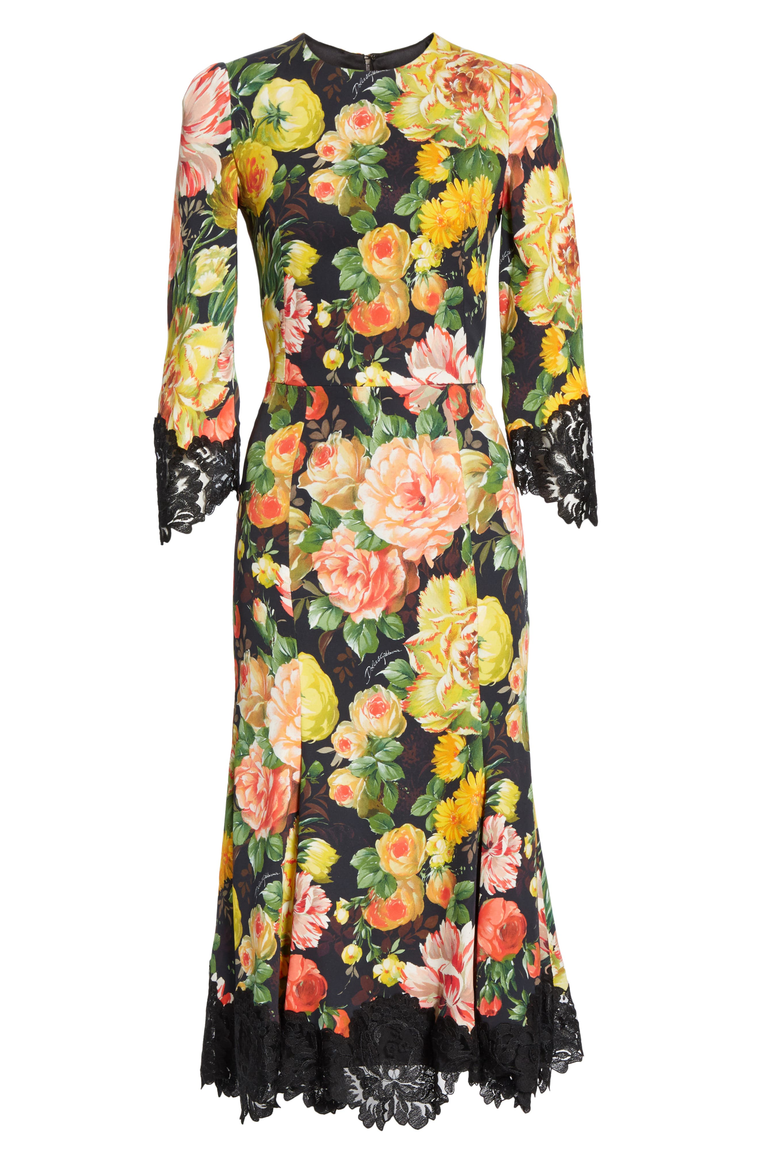 Dolce & gabbana Lace Trim Floral Print Cady Dress, US / 46 IT - Black