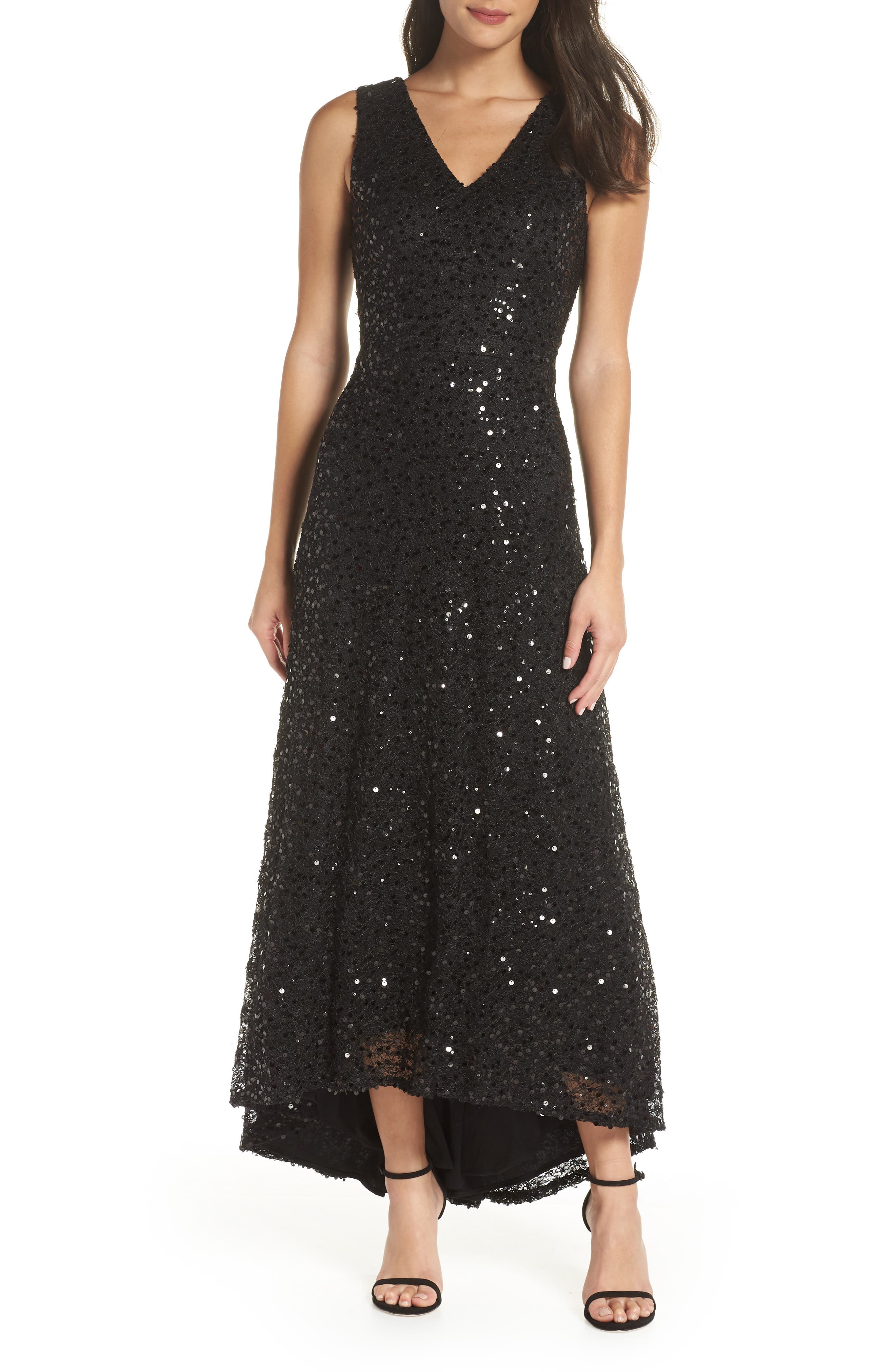 Morgan & Co. Sequin & Lace High/low Gown
