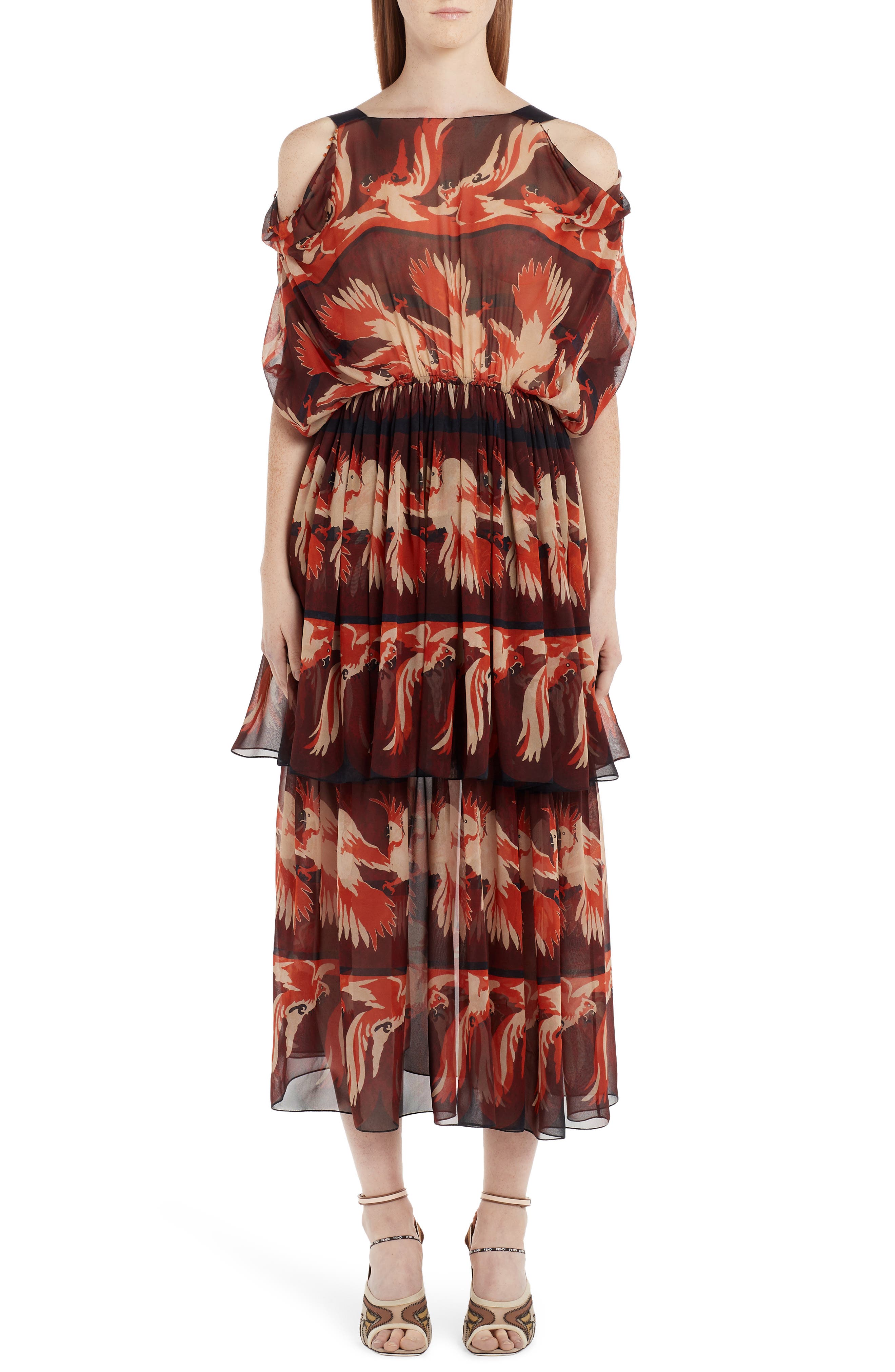 Fendi Parakeet Print Cold Shoulder Silk Dress, US / 46 IT - Brown
