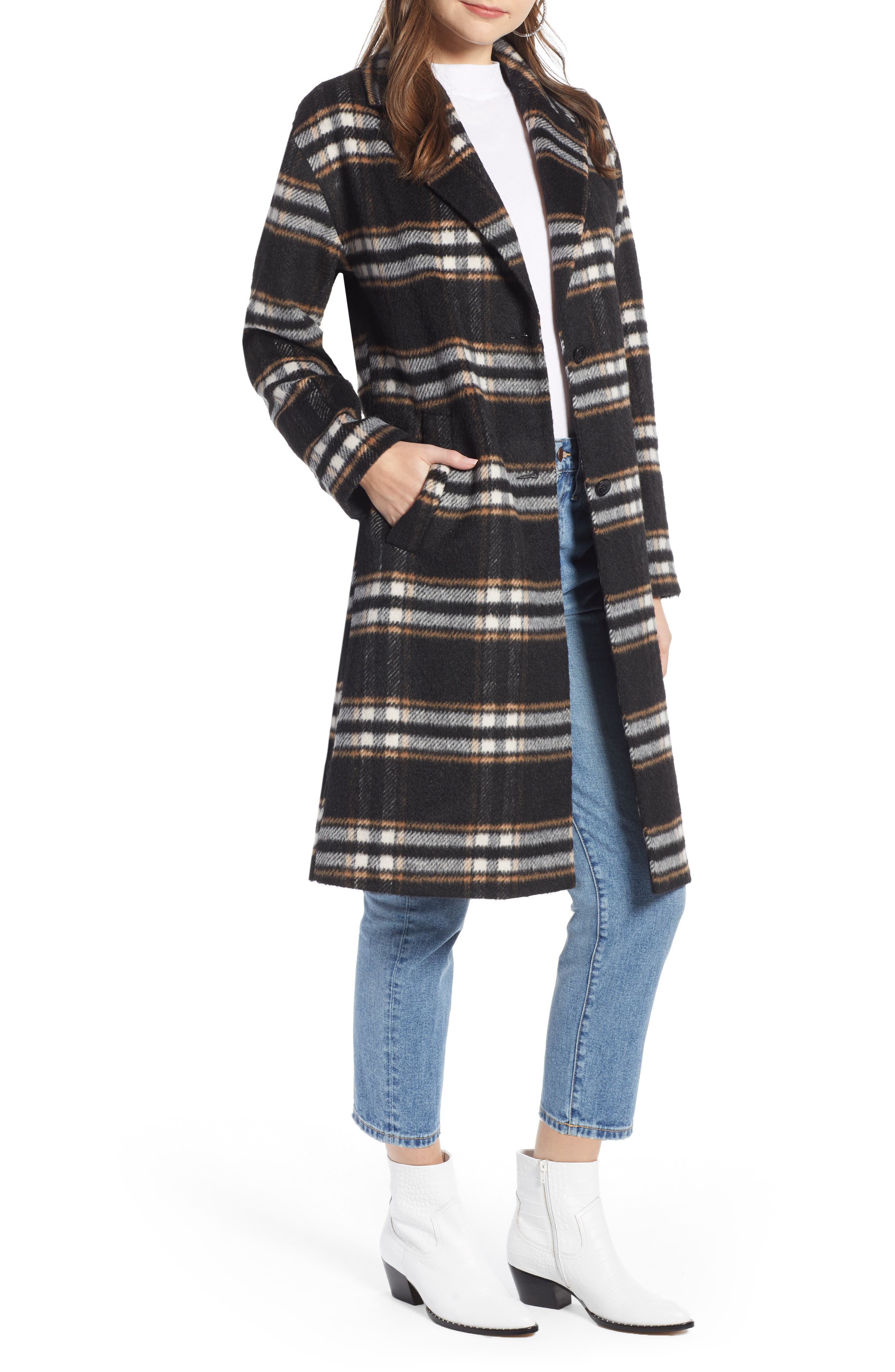 Something Navy Longline Plaid Coat, Black
