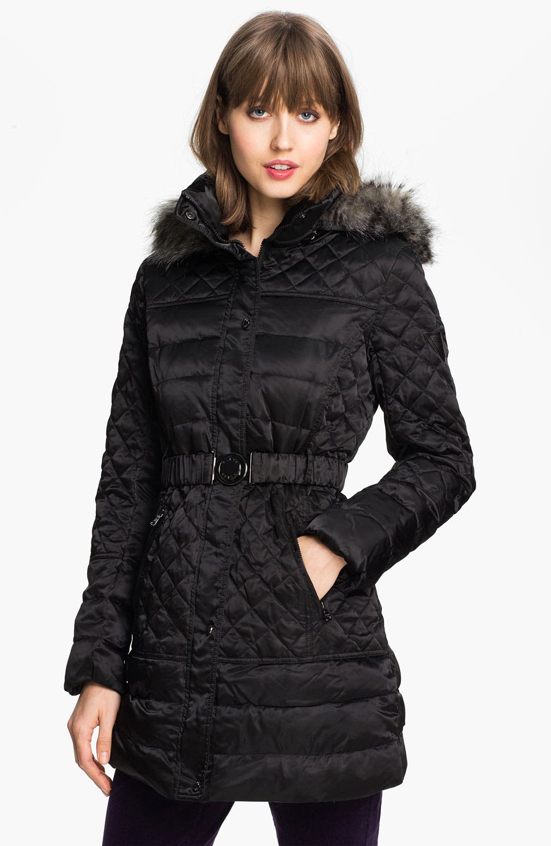 GUESS Faux Fur Trim Quilted Satin Jacket Exclusive) Nordstrom