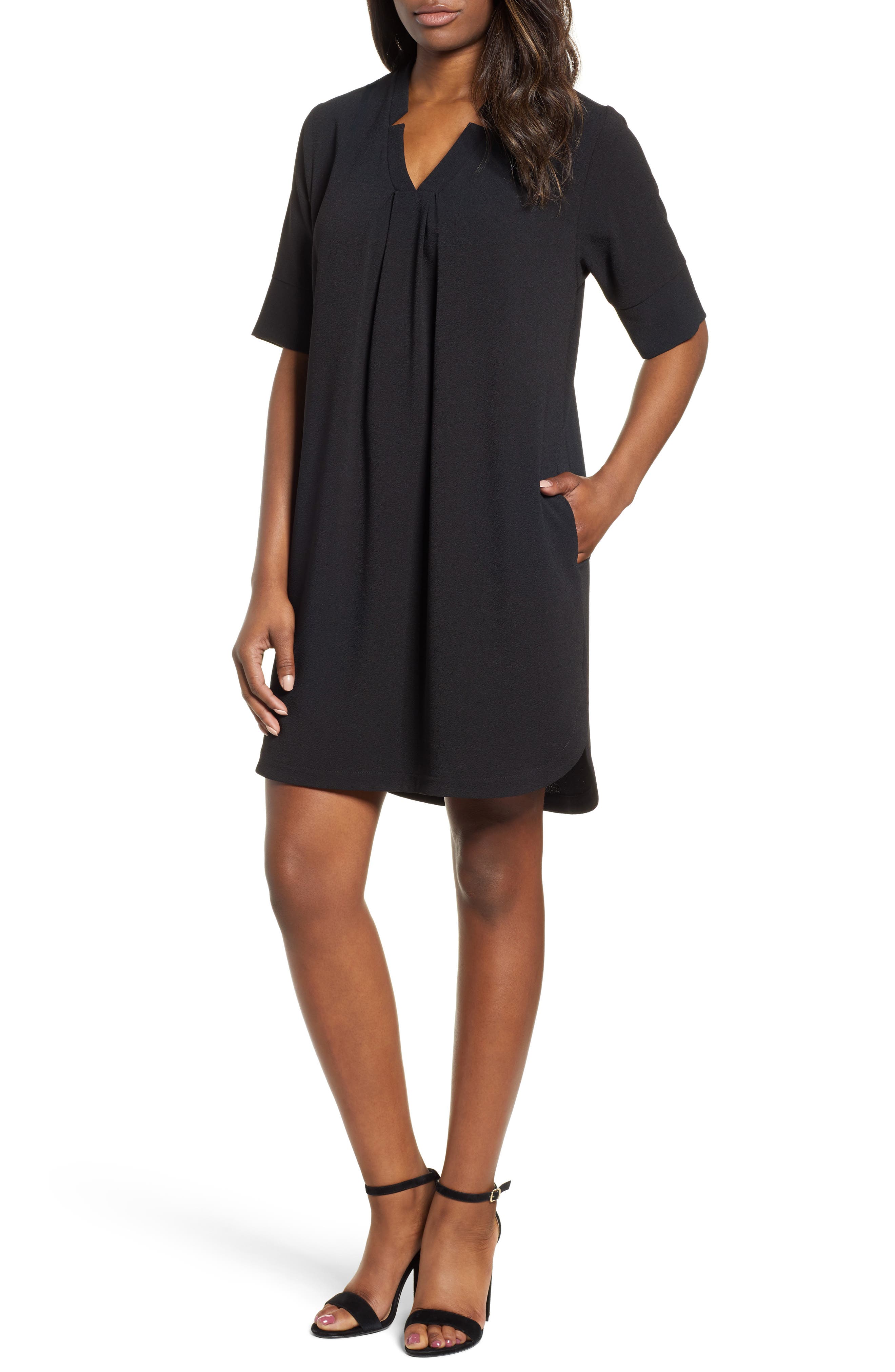 Petite Bobeau Pleat Front Curved Hem Shirtdress, Black