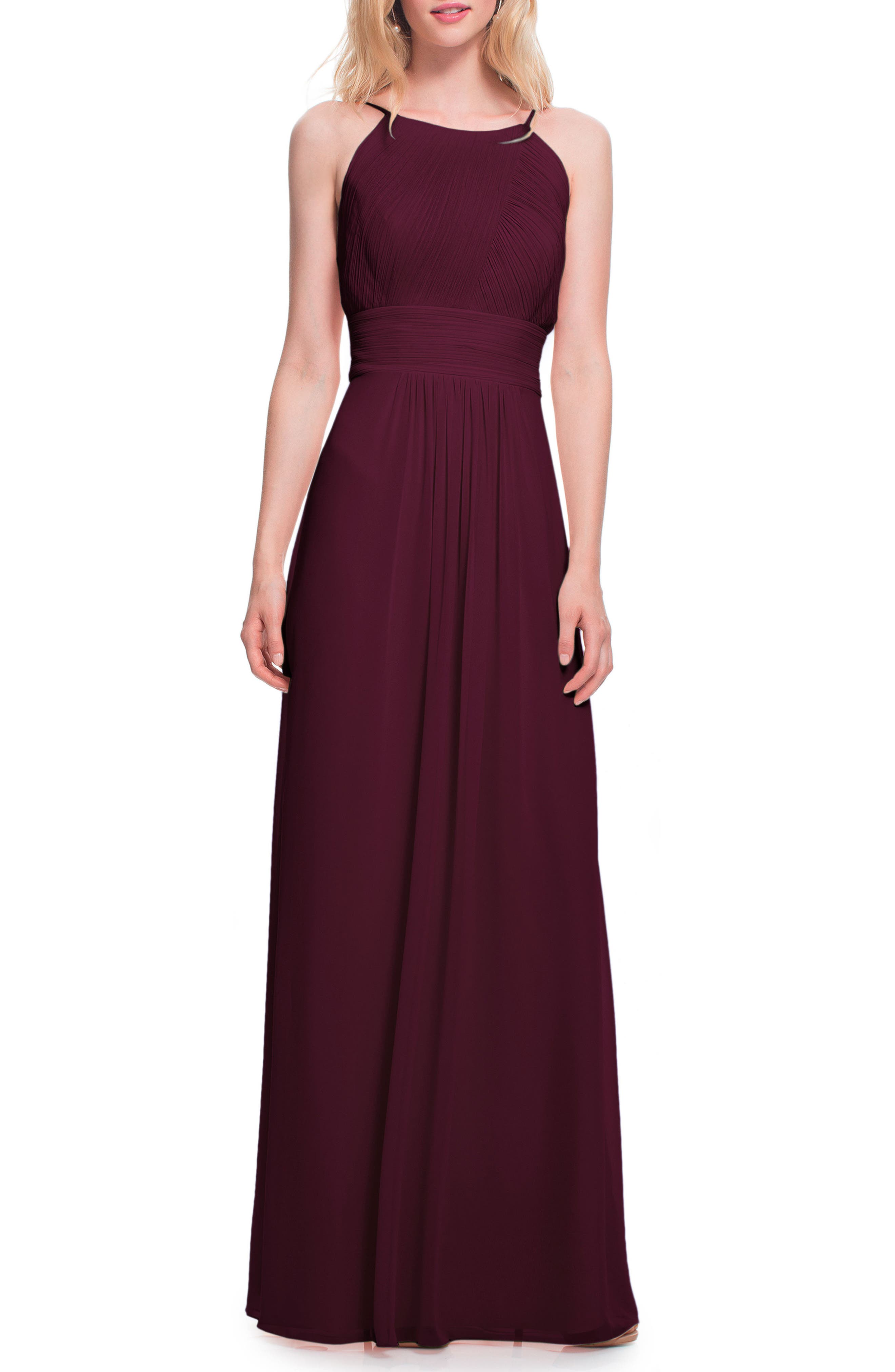 #levkoff Low Back Pleated Chiffon Gown, Burgundy