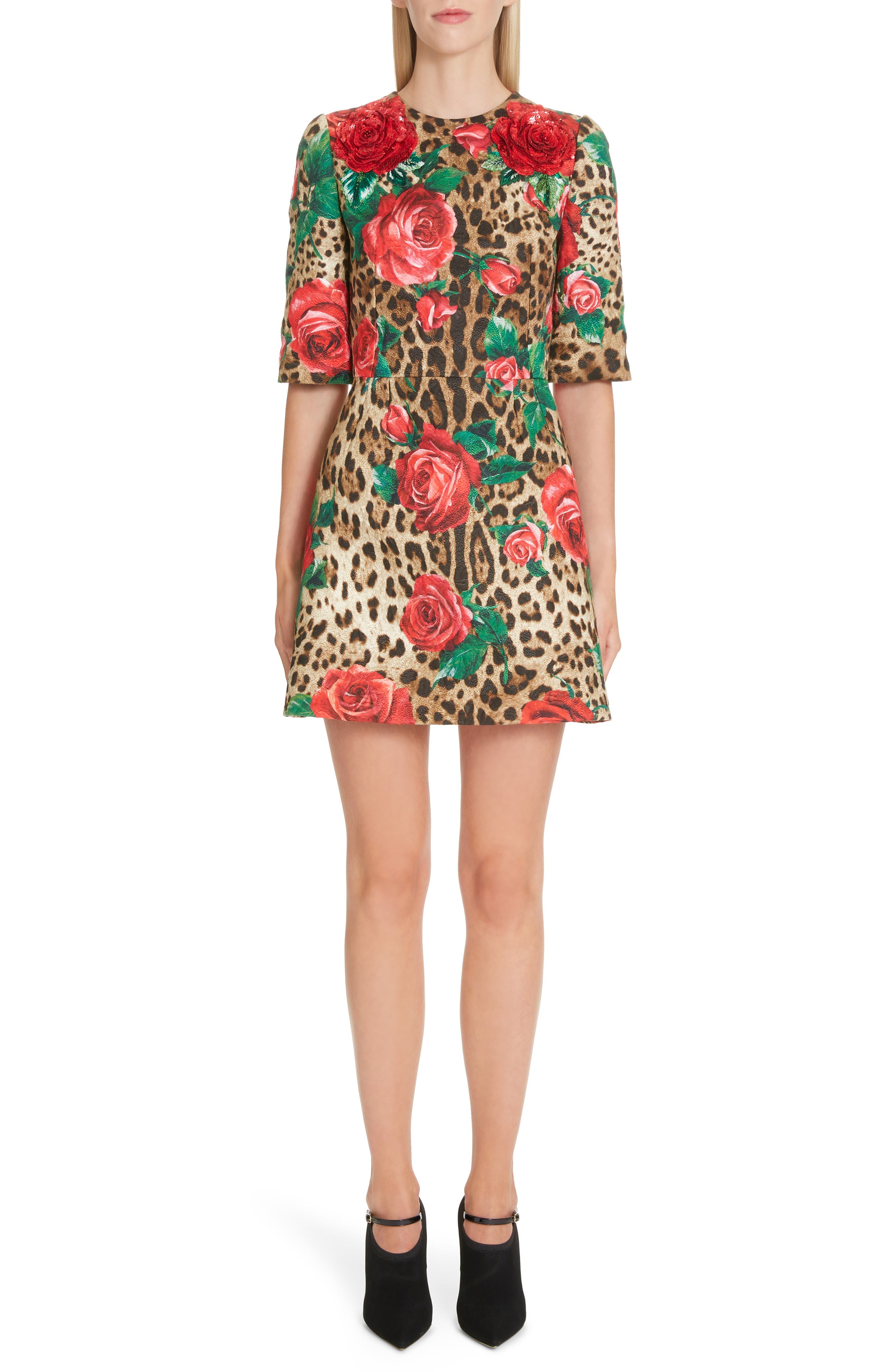Dolce & gabbana Embellished Rose & Leopard Print Brocade Dress, US / 40 IT - Brown