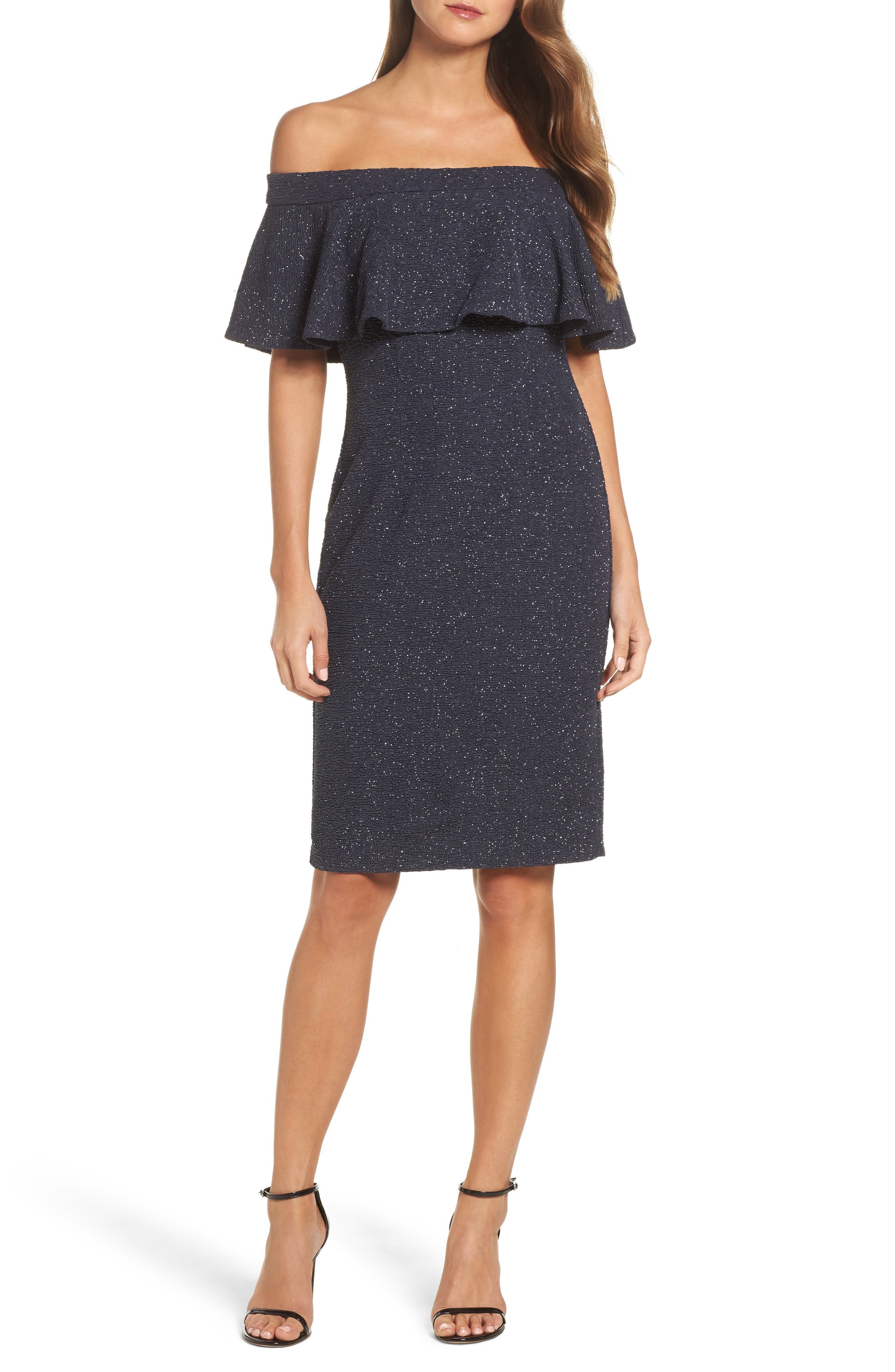 Eliza J Glitter Knit Ruffle Off The Shoulder Dress, Grey