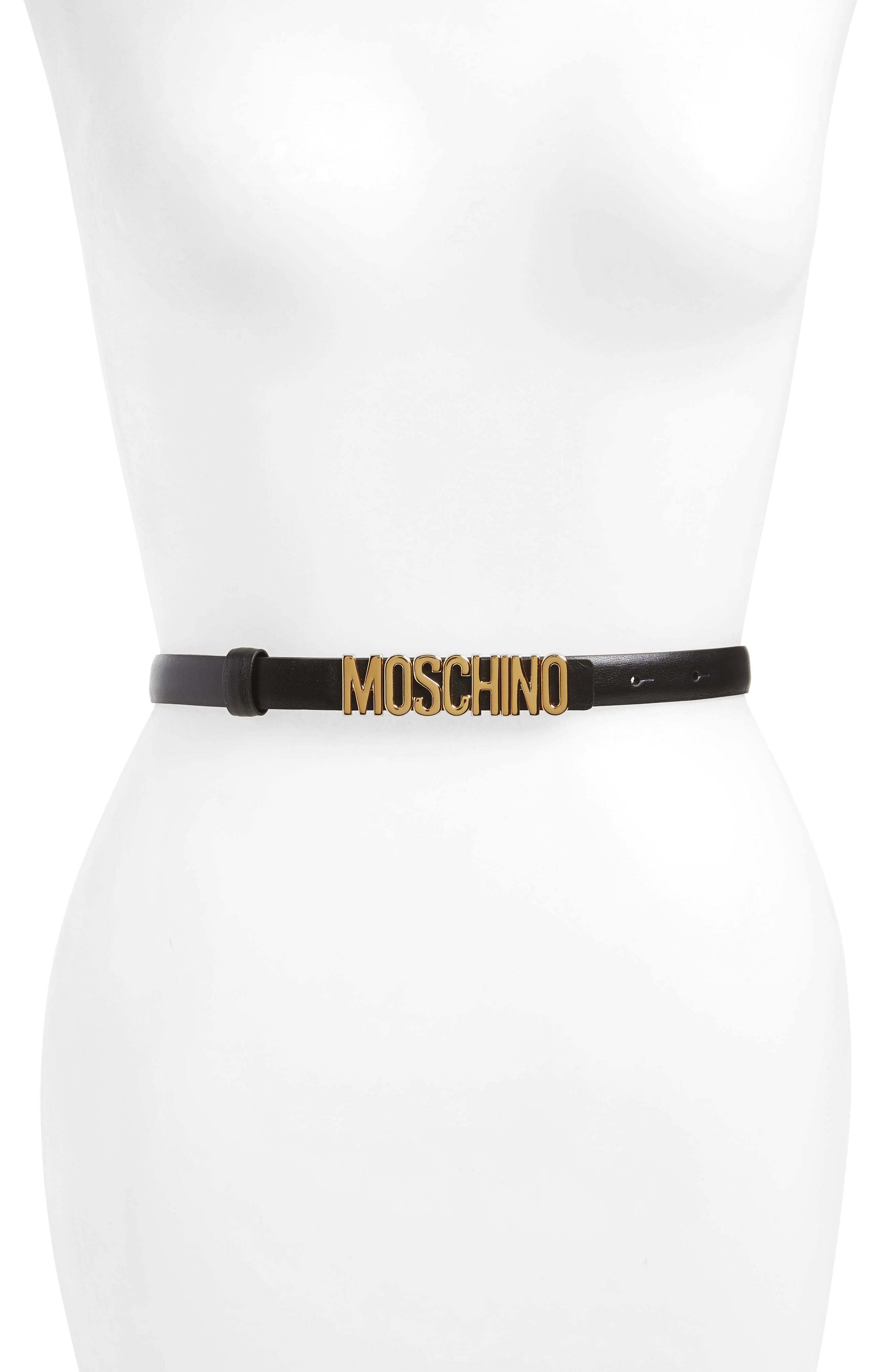 Moschino Logo Calfskin Leather Skinny Belt, Black/ Gold