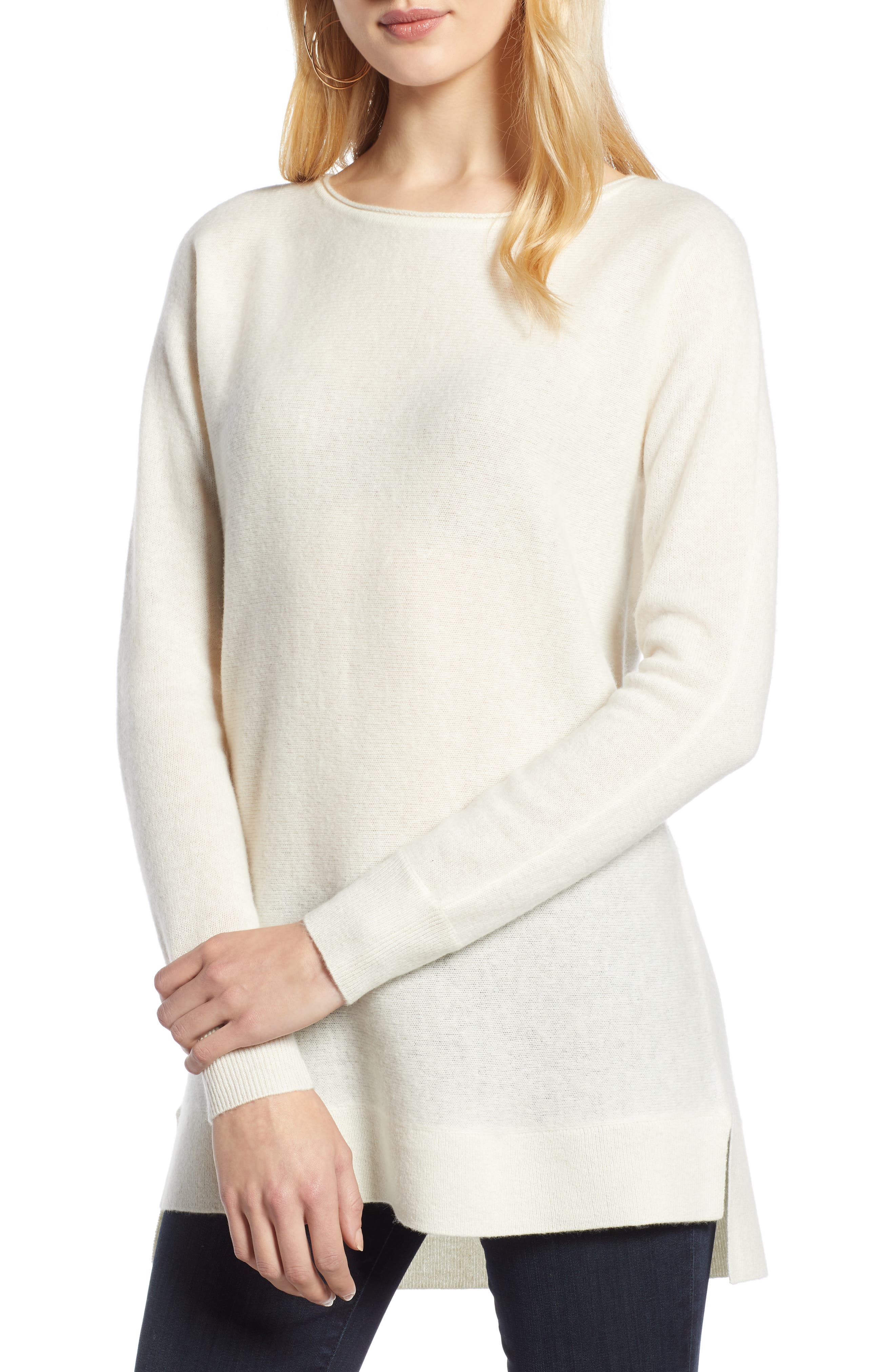 Halogen High/low Wool & Cashmere Tunic Sweater, Ivory
