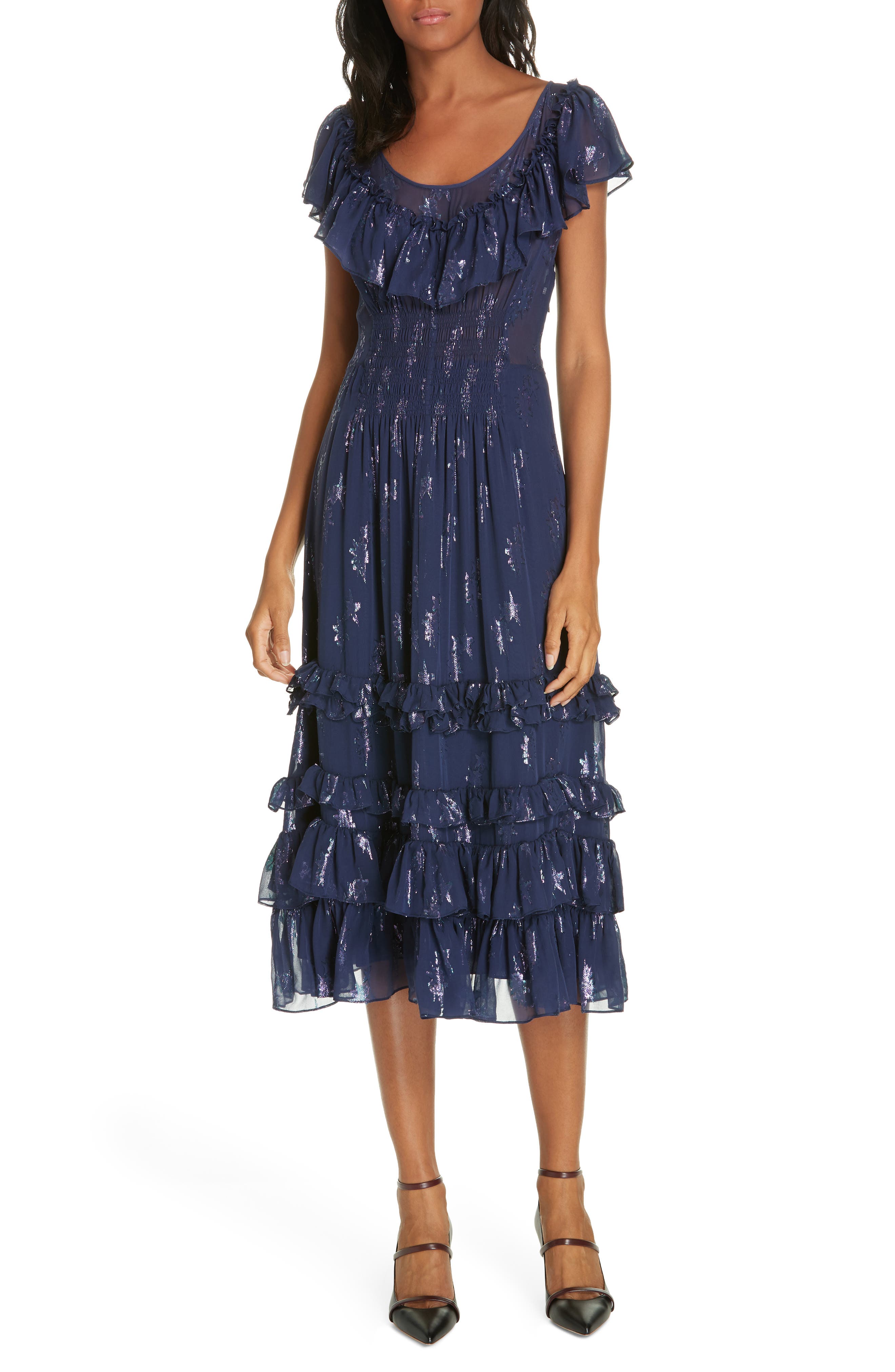 Rebecca Taylor Metallic Stars Midi Dress, Blue