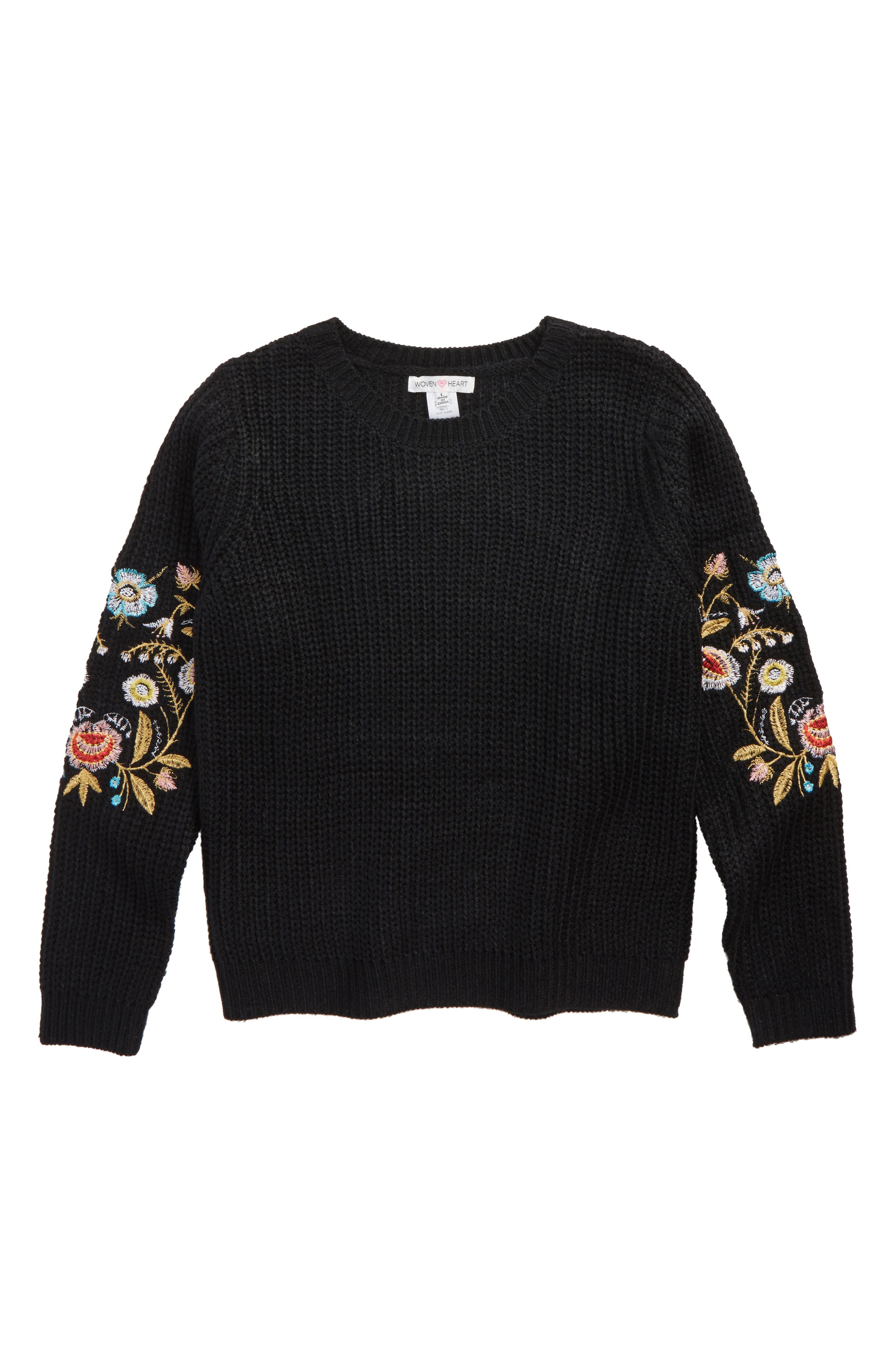 Woven Heart Embroidered Sleeve Sweater (Big Girls) Nordstrom
