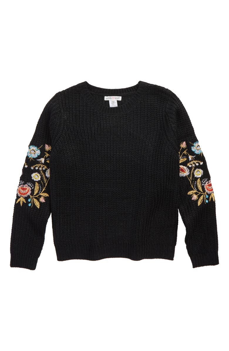 Woven Heart Embroidered Sleeve Sweater (Big Girls) | Nordstrom