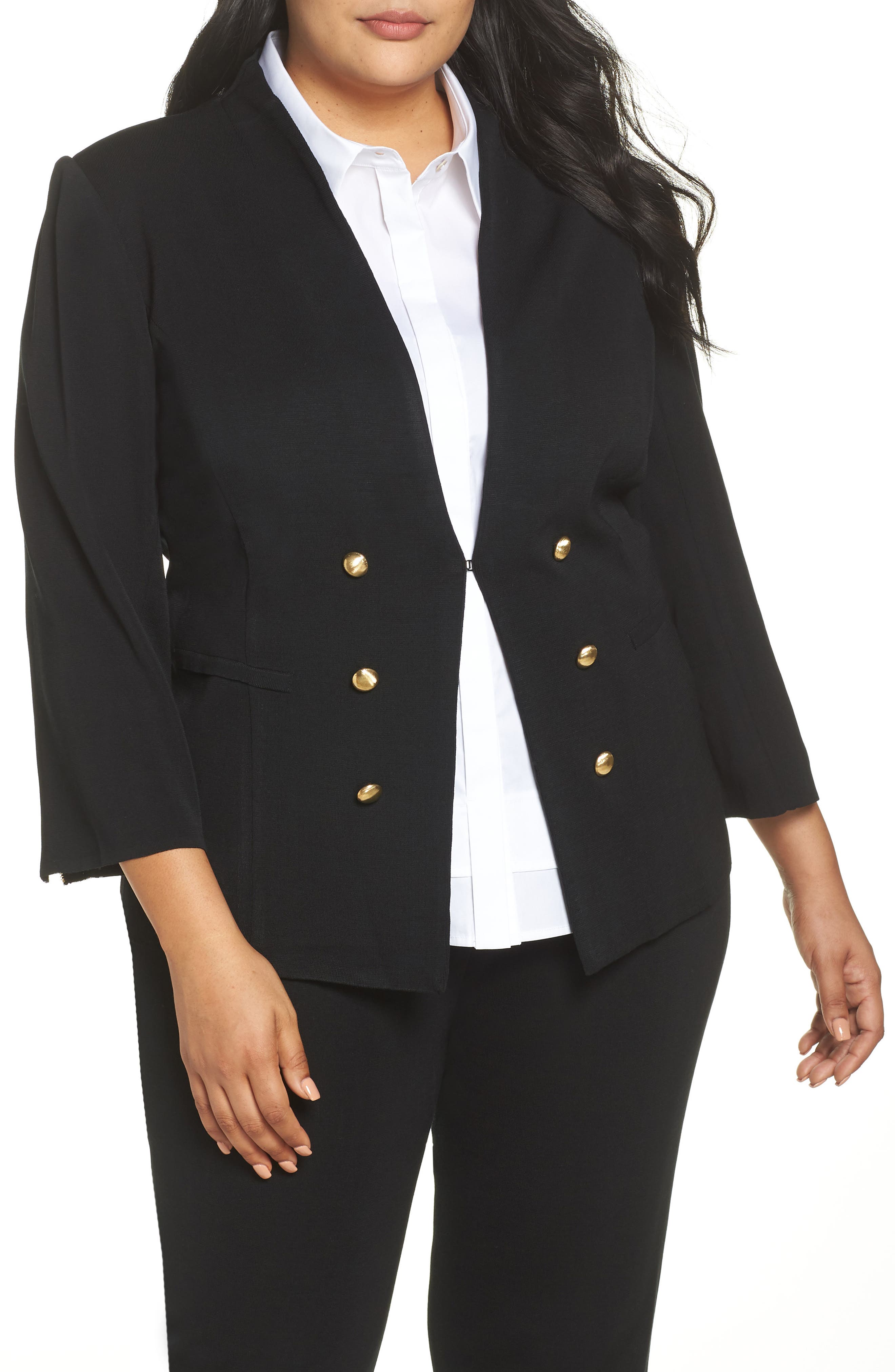 Plus Size Ming Wang Button Detail Sweater Jacket, Black