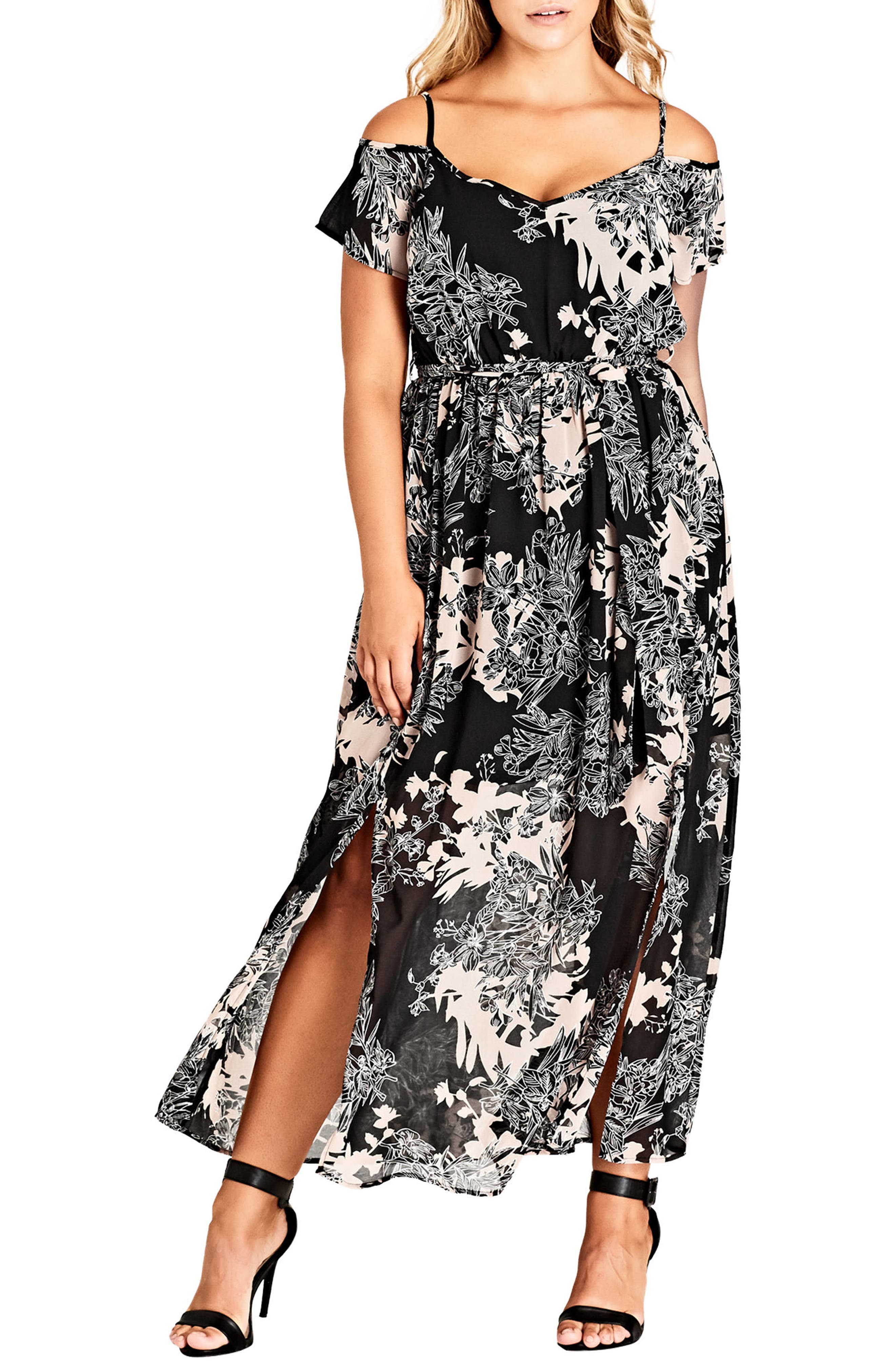 Plus Size City Chic Floral Shadow Cold Shoulder Maxi Dress, Black