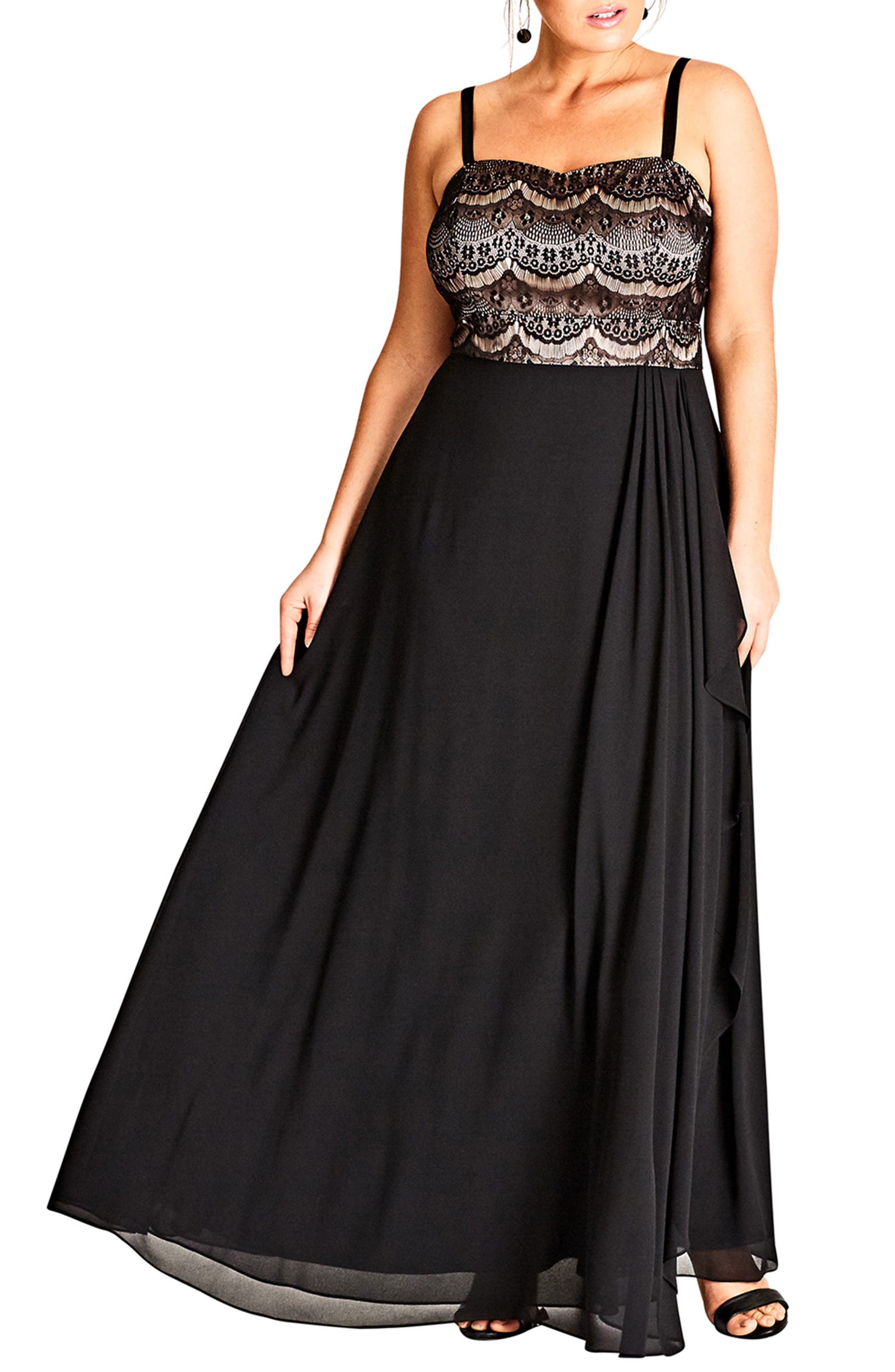 Plus Size City Chic Eyelash Ebony Lace & Chiffon Gown, Black