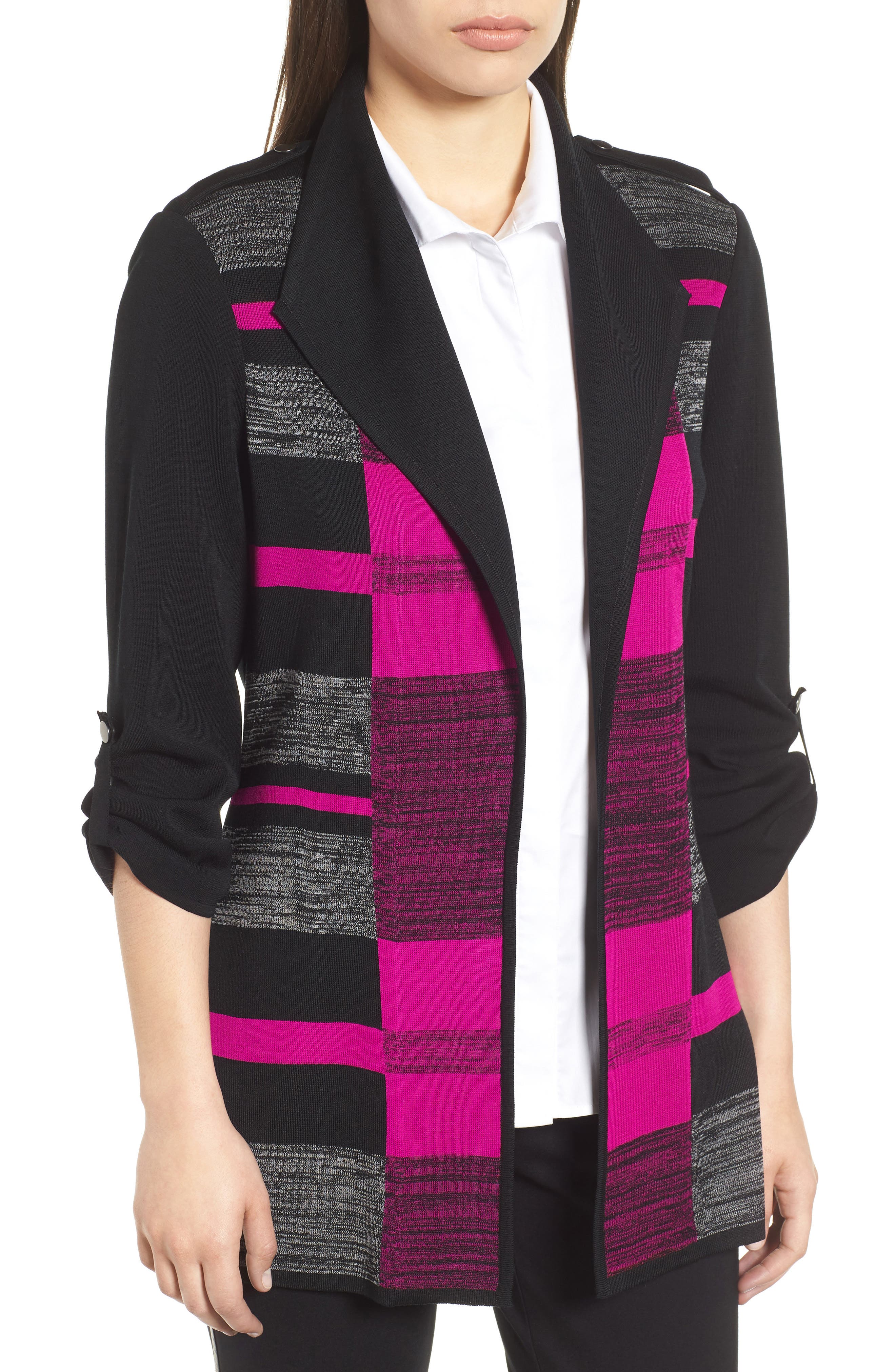 Ming Wang Colorblock Roll-Tab Sleeve Knit Jacket, Black
