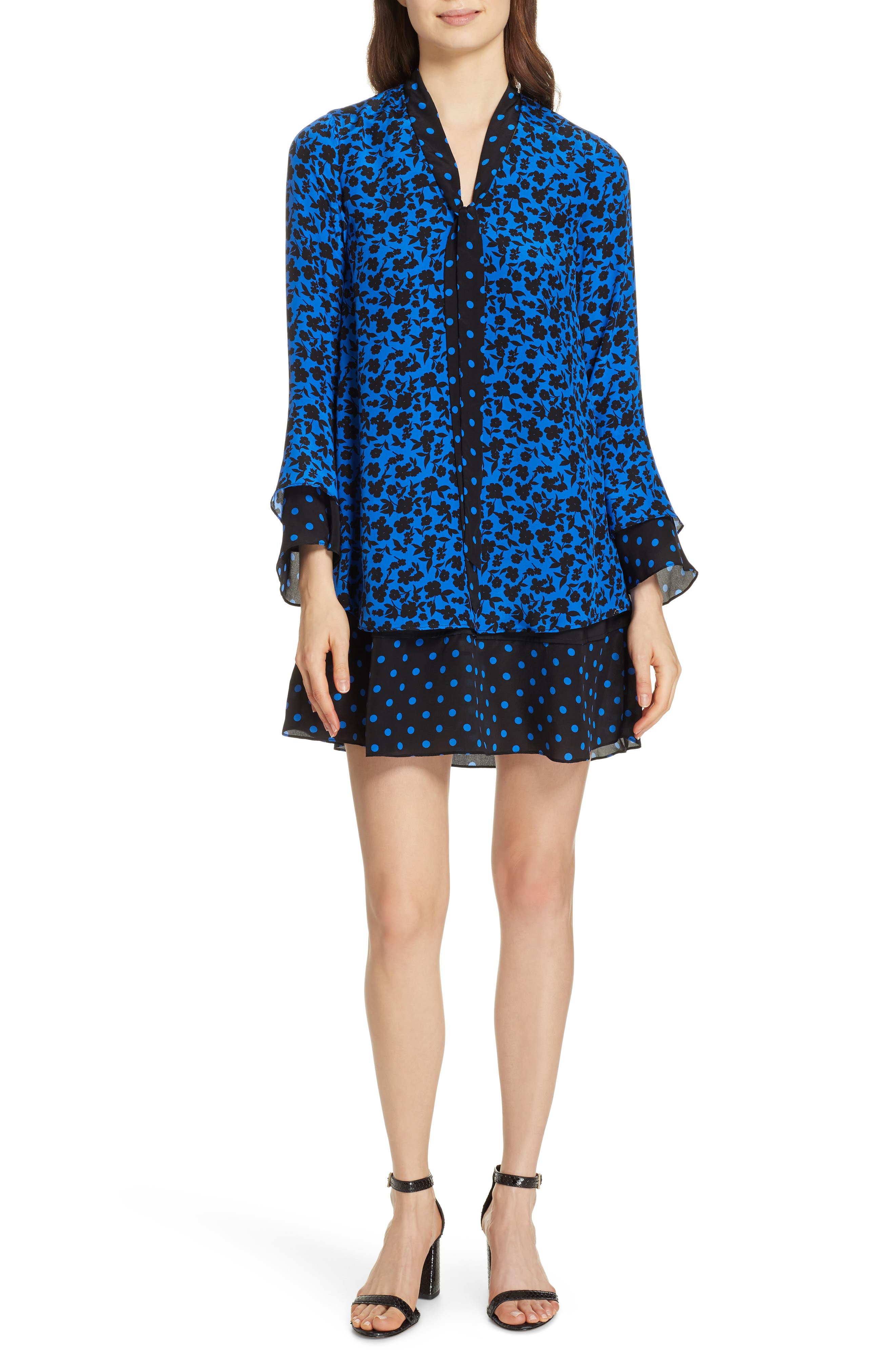 Alice + Olivia Wellesly Tie Neck Bell Sleeve Dress, Blue
