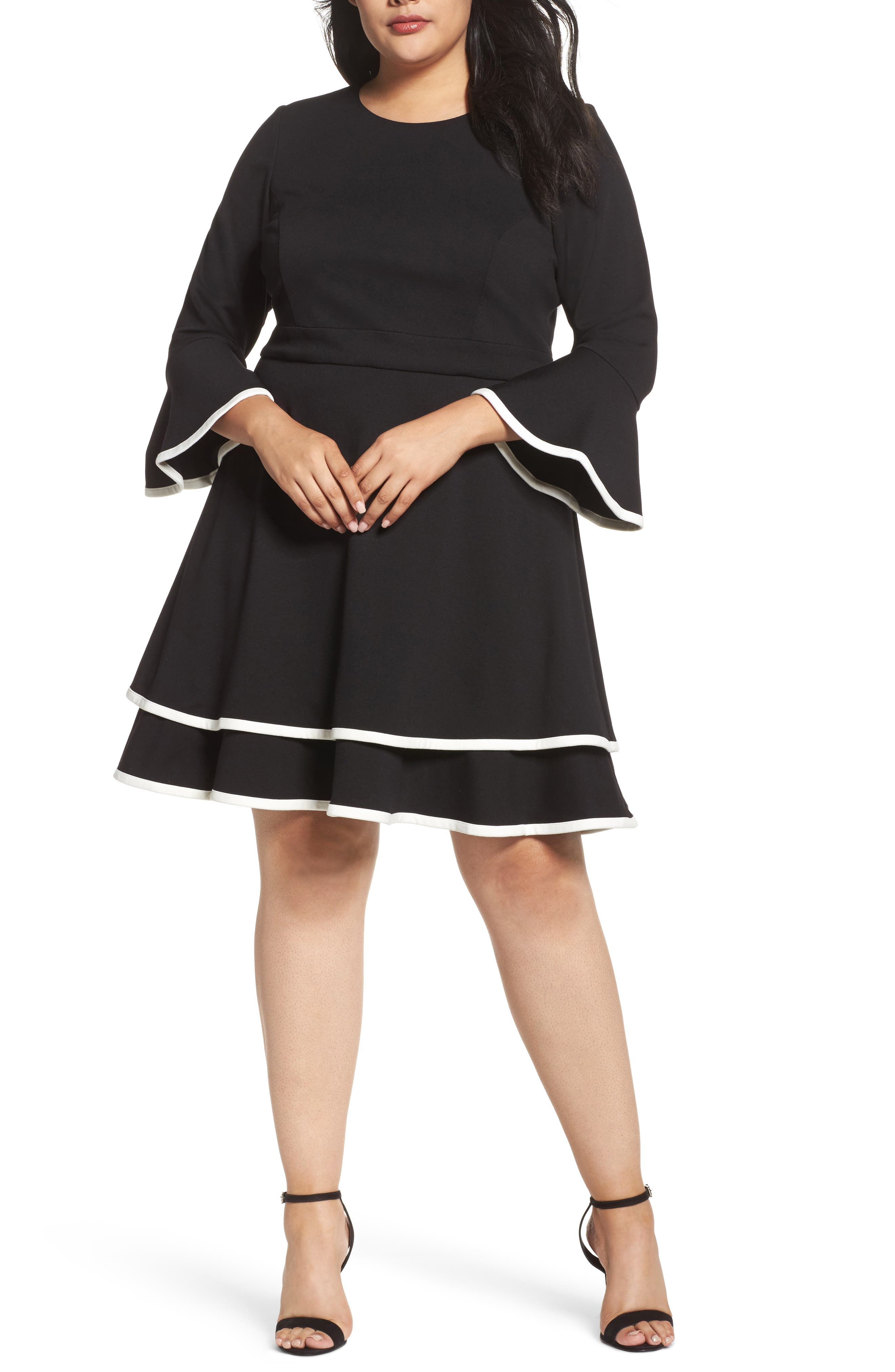 Plus Size Eliza J Bell Sleeve Tiered Fit & Flare Dress, Black