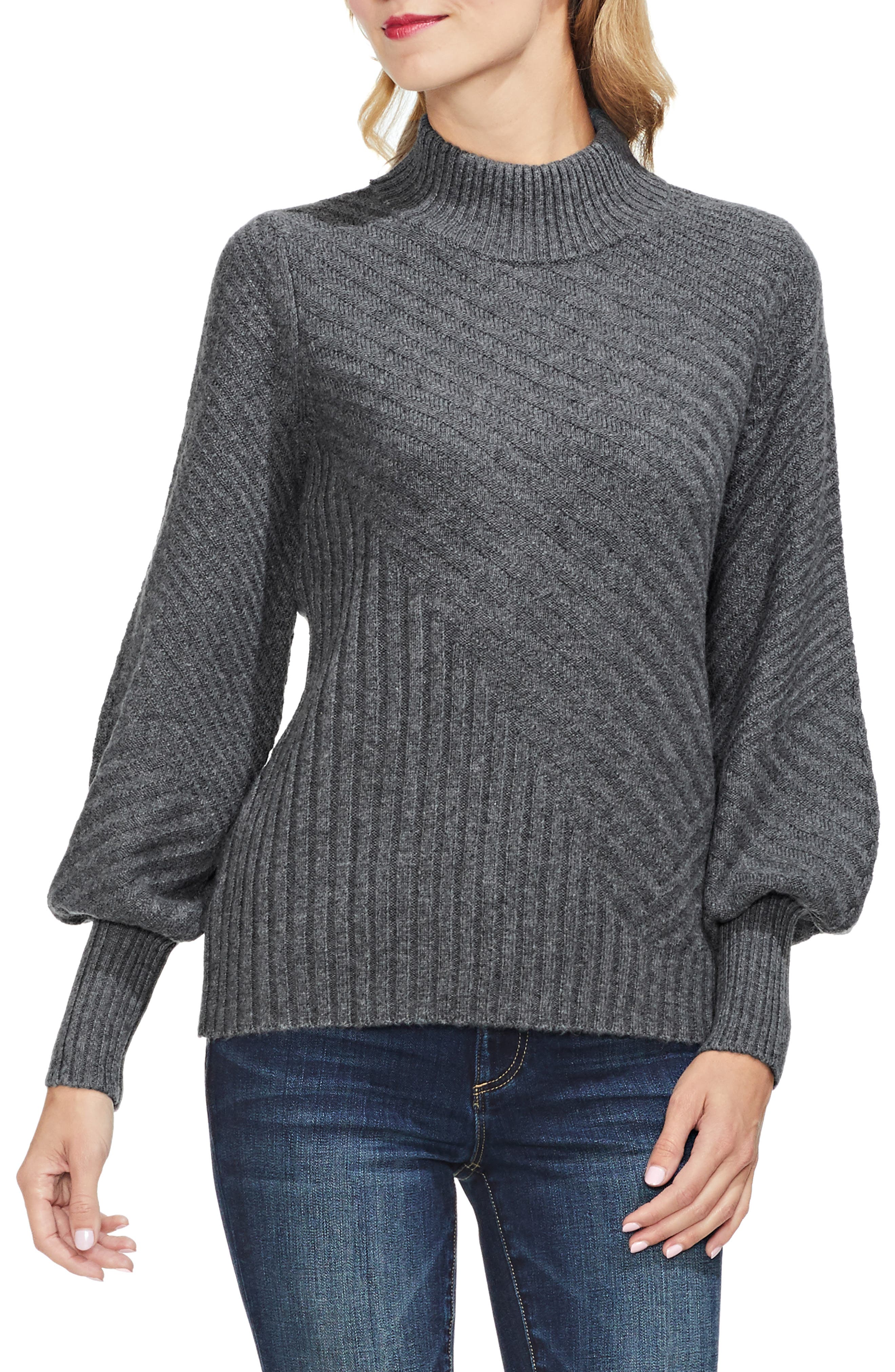 Vince Camuto Mix Cable Balloon Sleeve Cotton Blend Sweater, Grey