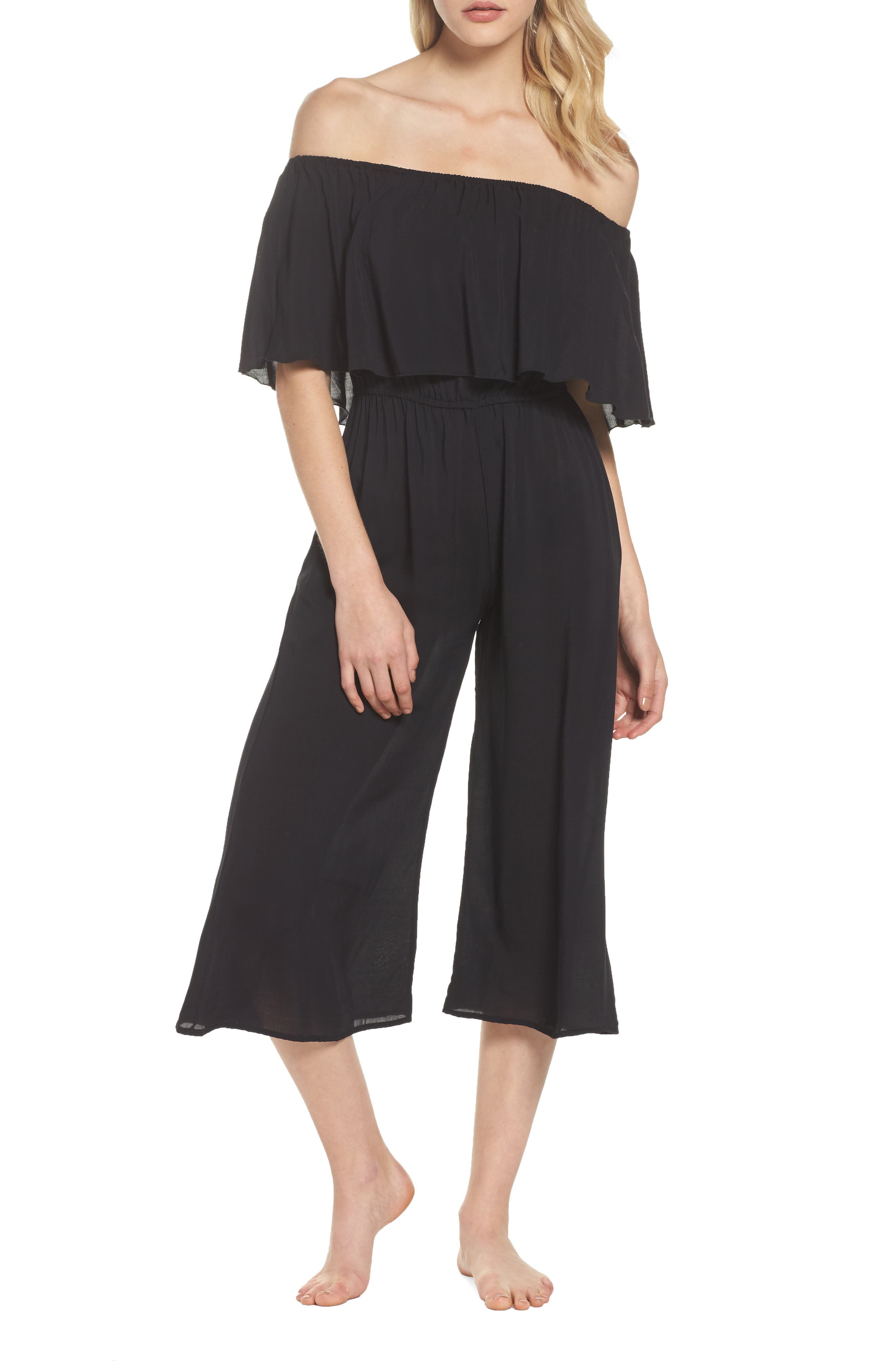 Elan Off The Shoulder Cover-Up Jumpsuit, Black