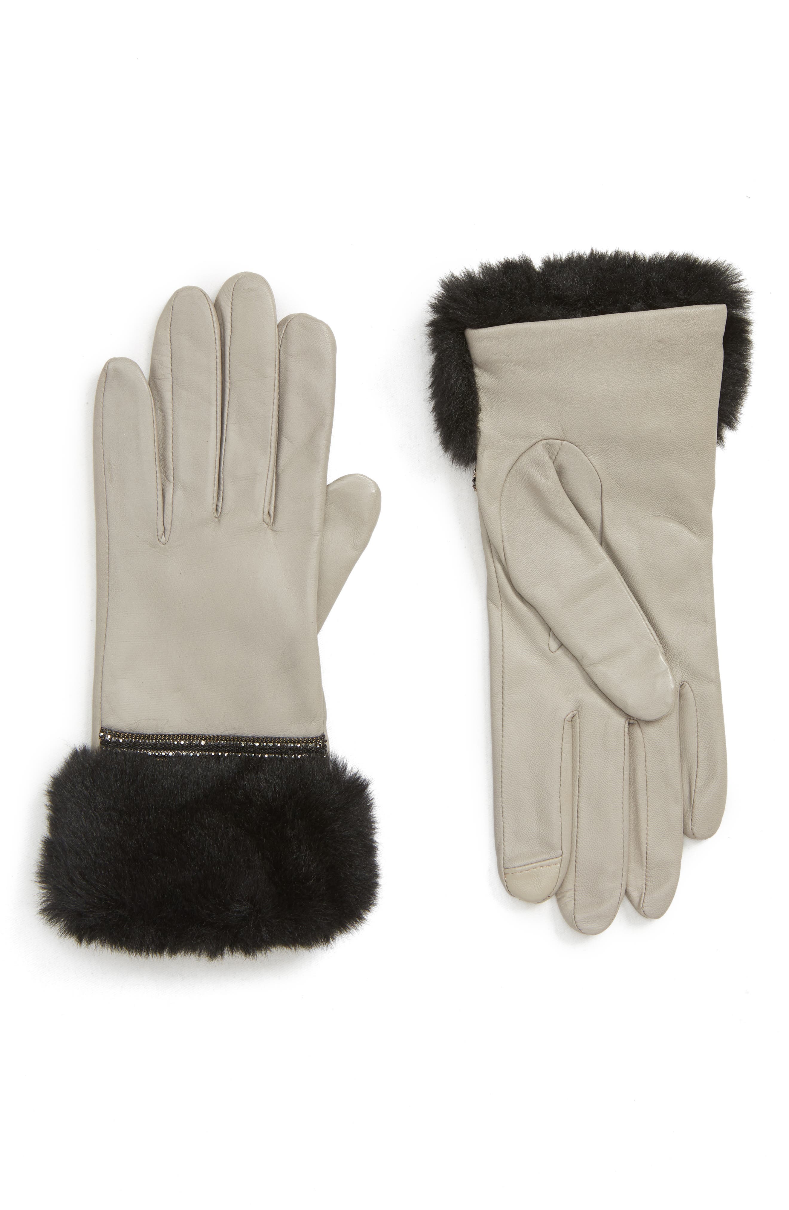 Badgley Mischka Faux Fur Trim Leather Touchscreen Gloves, Grey