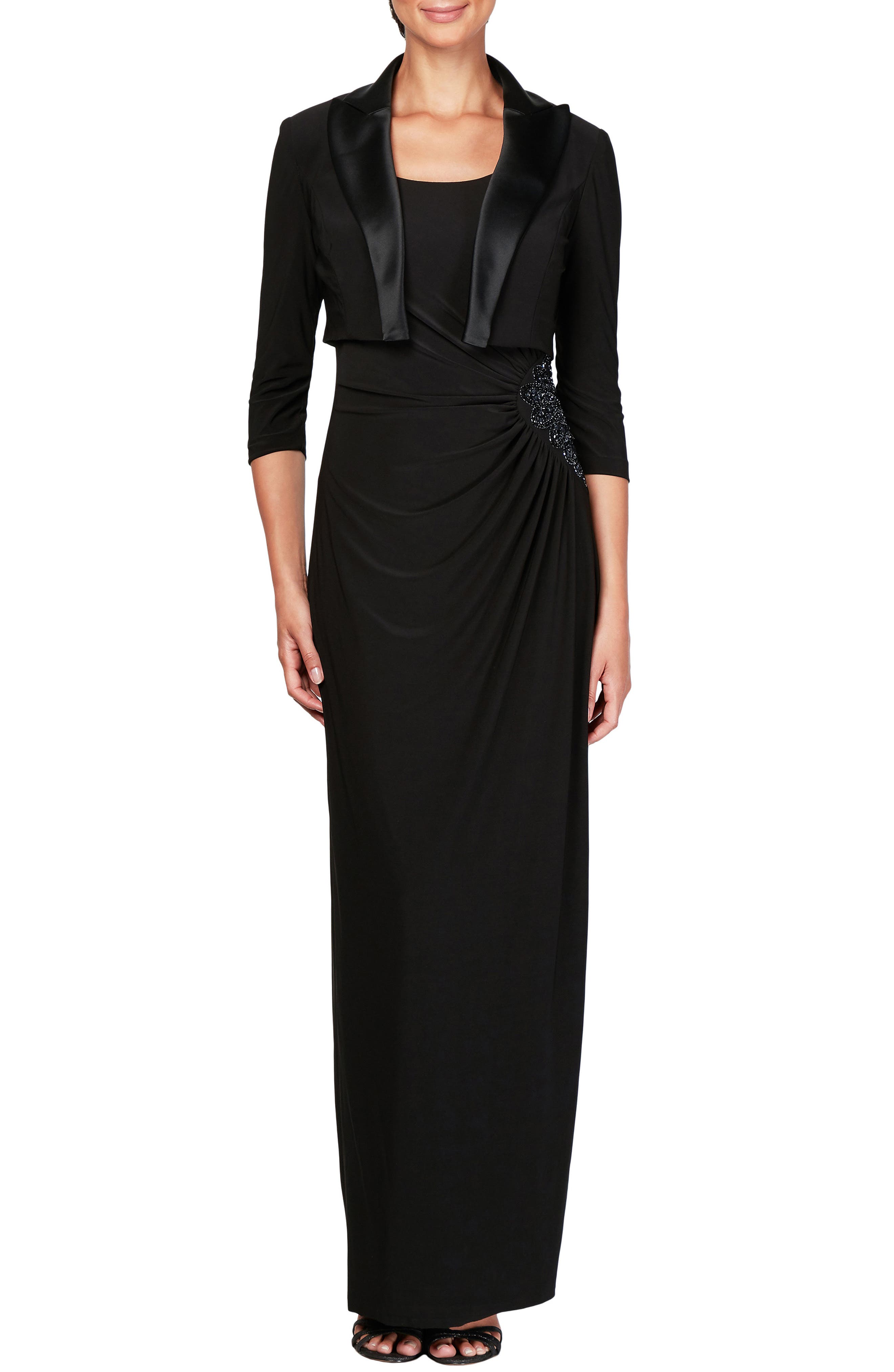 Alex Evenings Ruched Maxi Dress & Jacket, Black