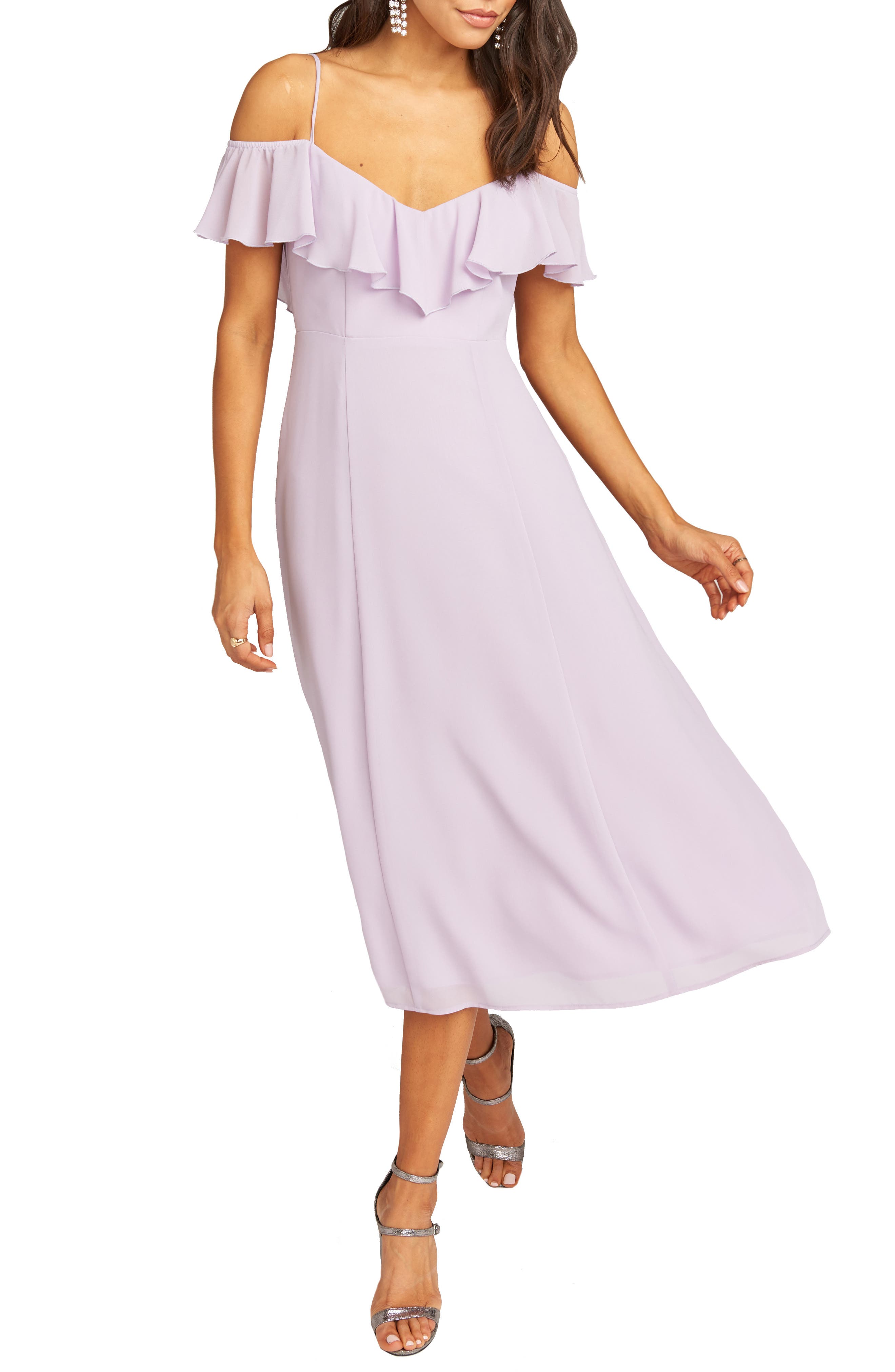 Show Me Your Mumu Camilla Ruffle Neck Tea Length Dress, Purple