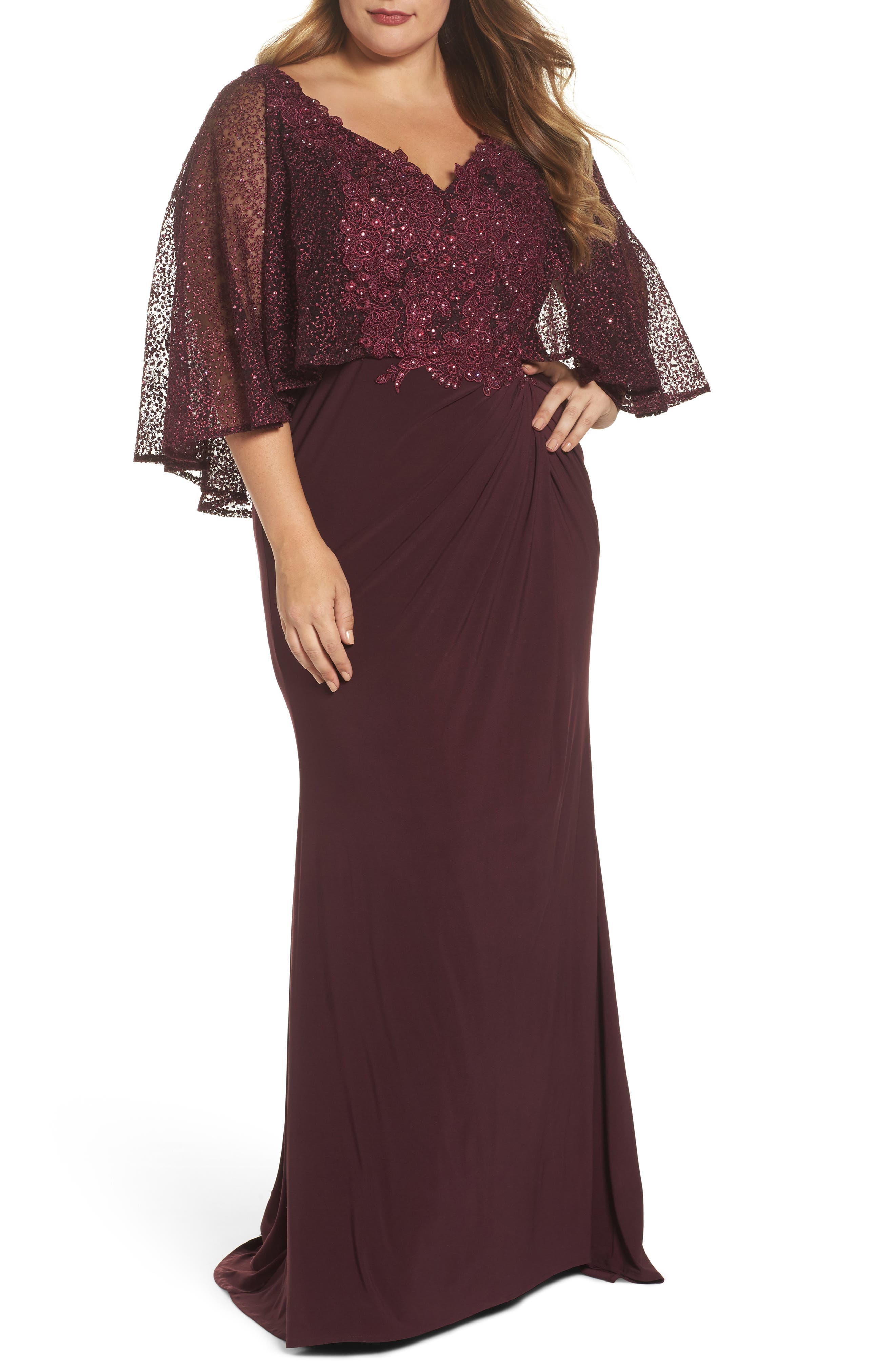 Plus Size MAC Duggal Lace Capelet Column Gown, Burgundy