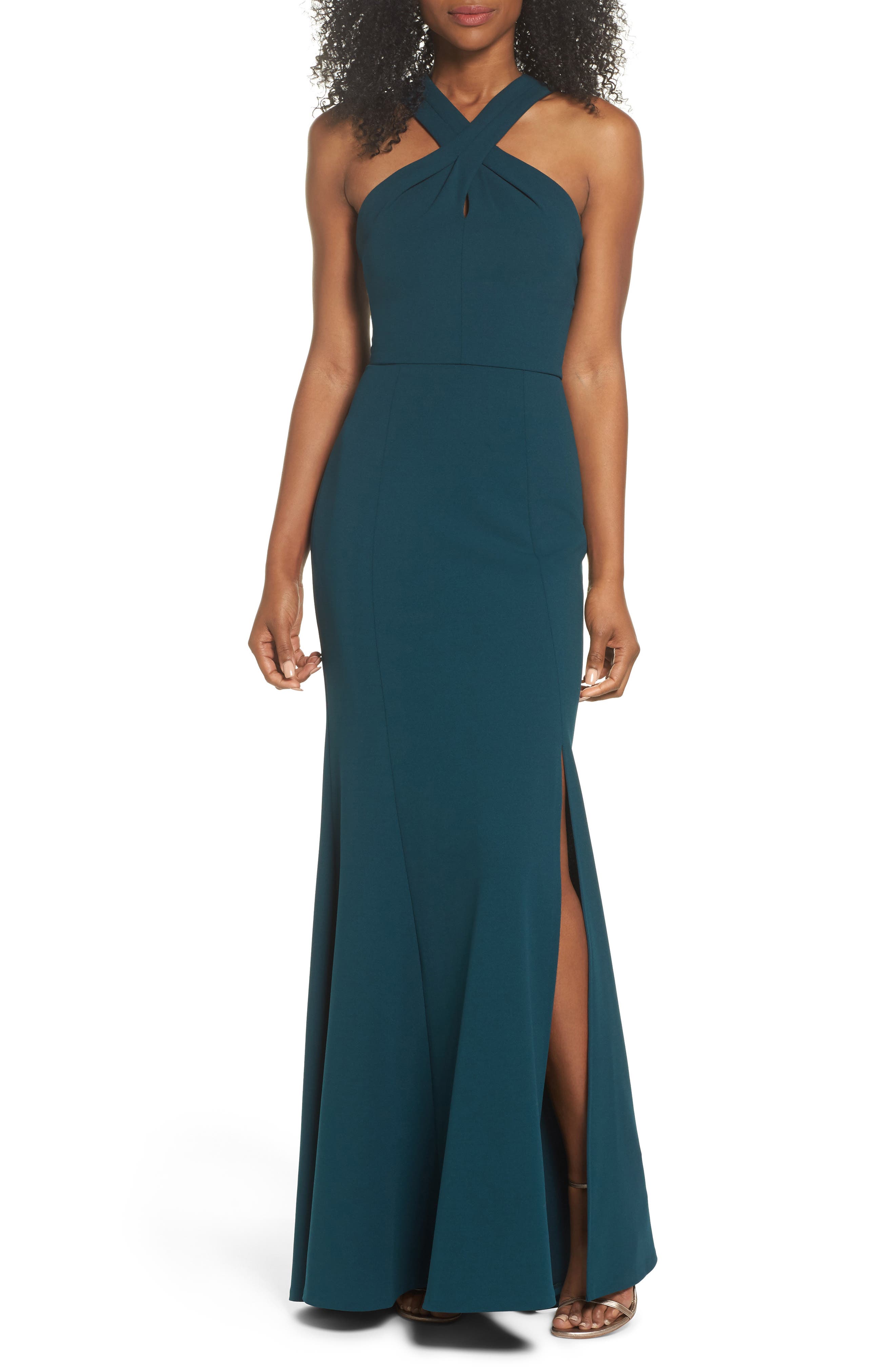 Jenny Yoo Kayleigh Cross Front Crepe Knit Gown, Blue