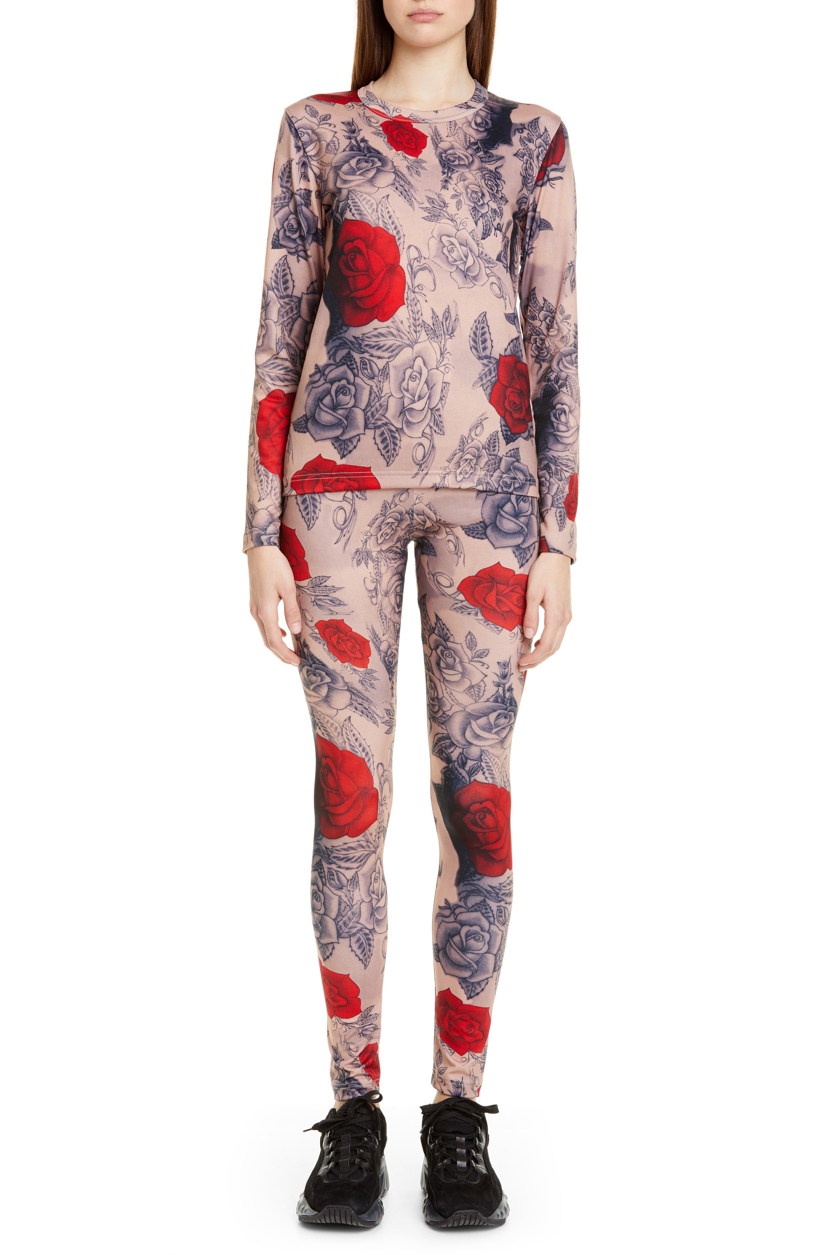 Comme Des Garcons Rose Tattoo Print Mesh Top & Leggings Set, Beige