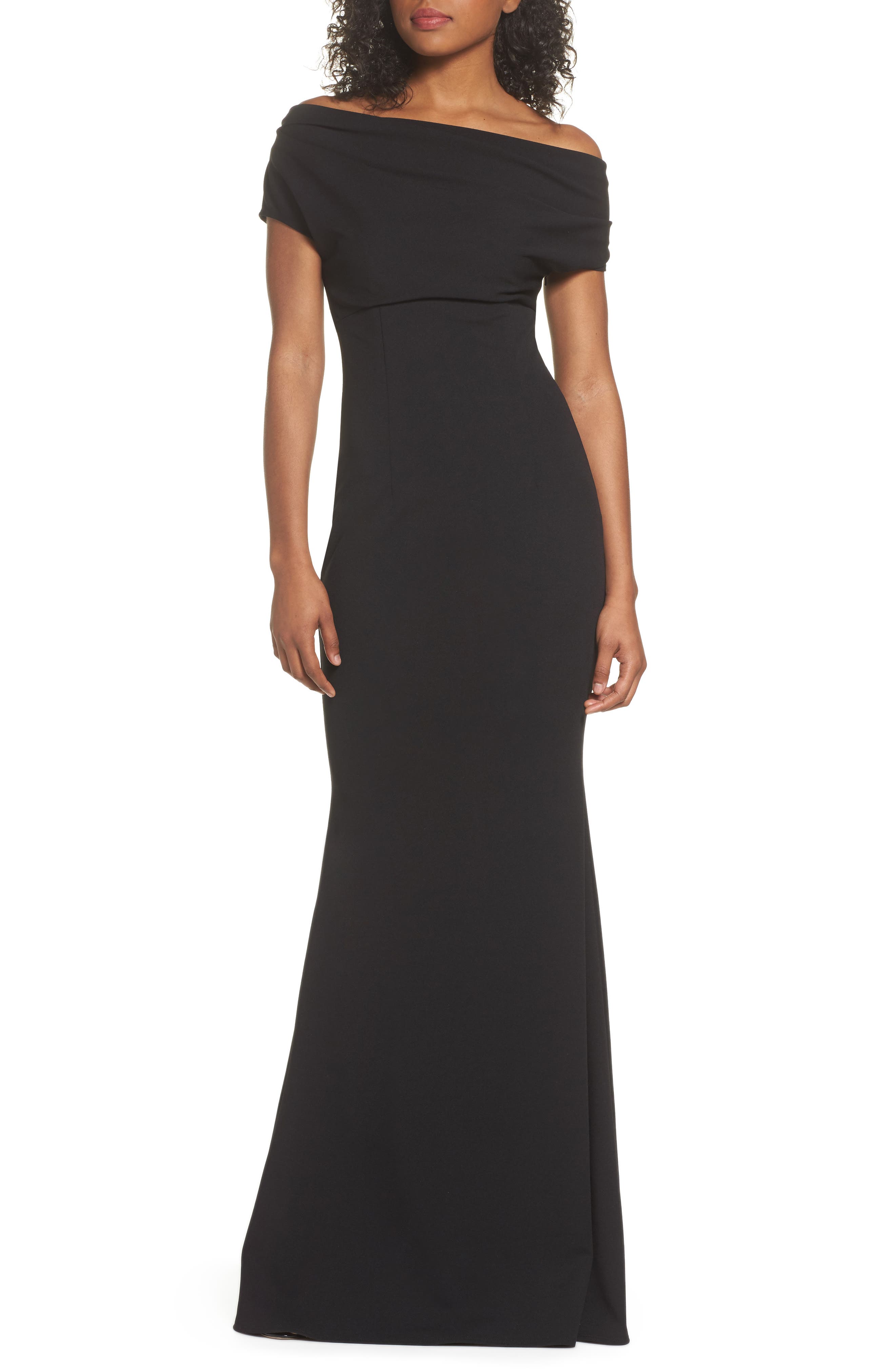 Katie May Hannah One-Shoulder Crepe Trumpet Gown, Black