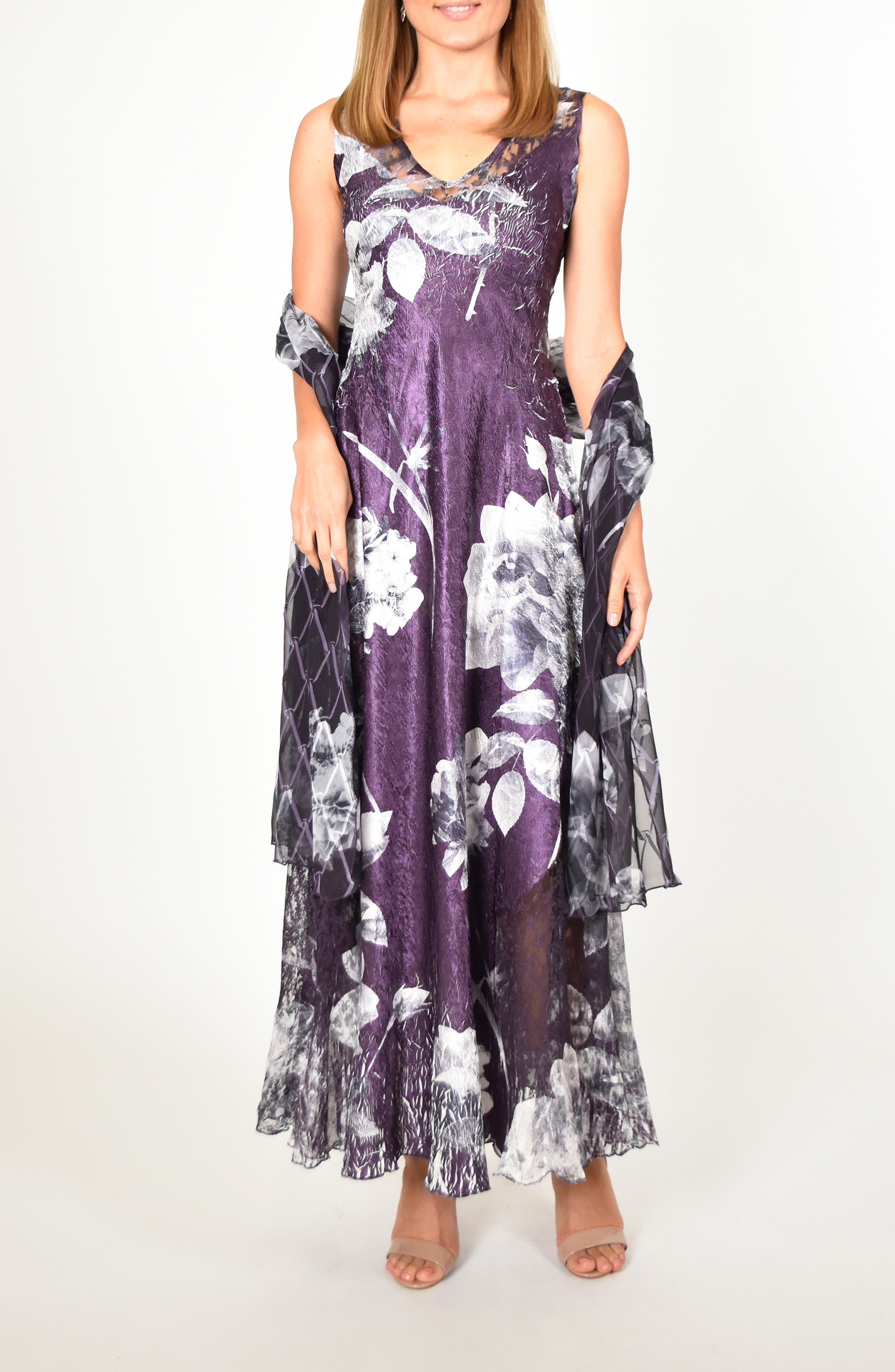 Komarov Lace-Up Floral Maxi Dress With Shawl, Black